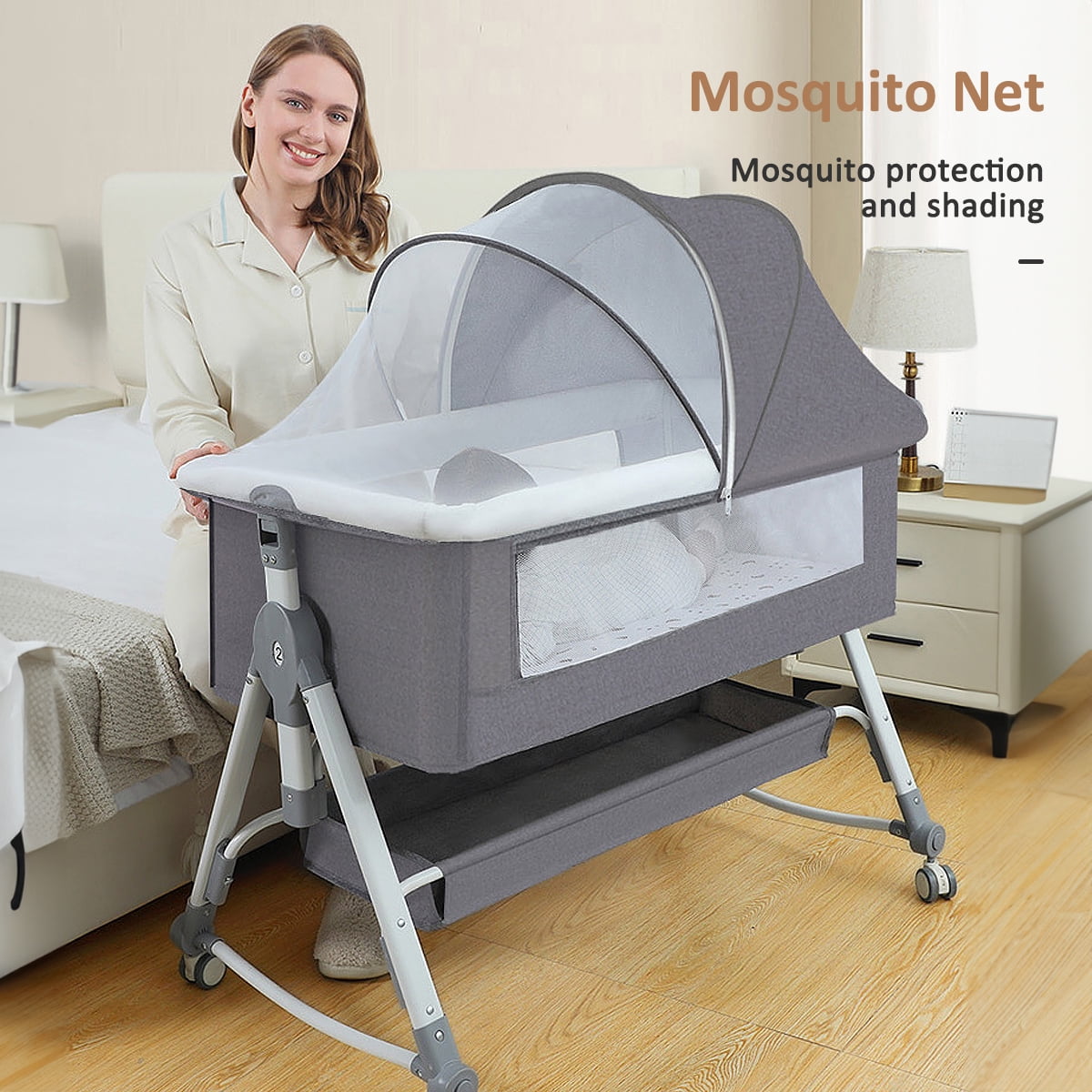 BEJOLO 5-in-1 Baby Bassinet, Adjustable Height Infant Bedside Crib with Diaper Table, 0-24 Months, Gray - Image 11