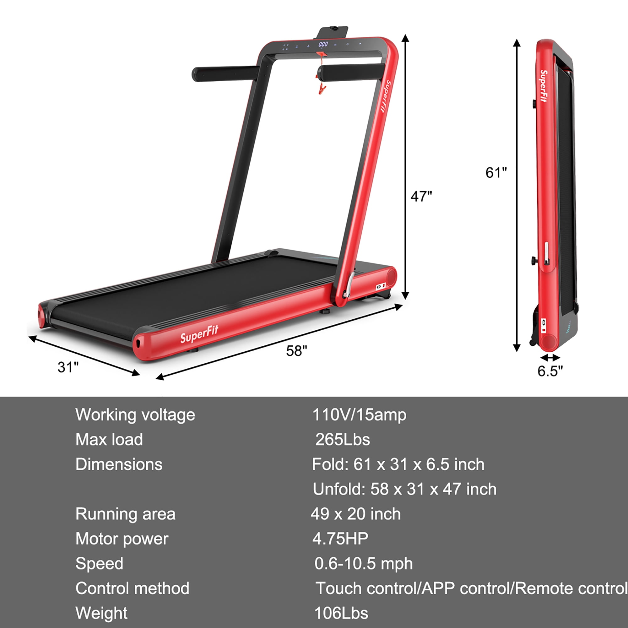 SuperFit 4.75HP 2 In 1 Folding Treadmill W/Remote APP Control Red - Image 7
