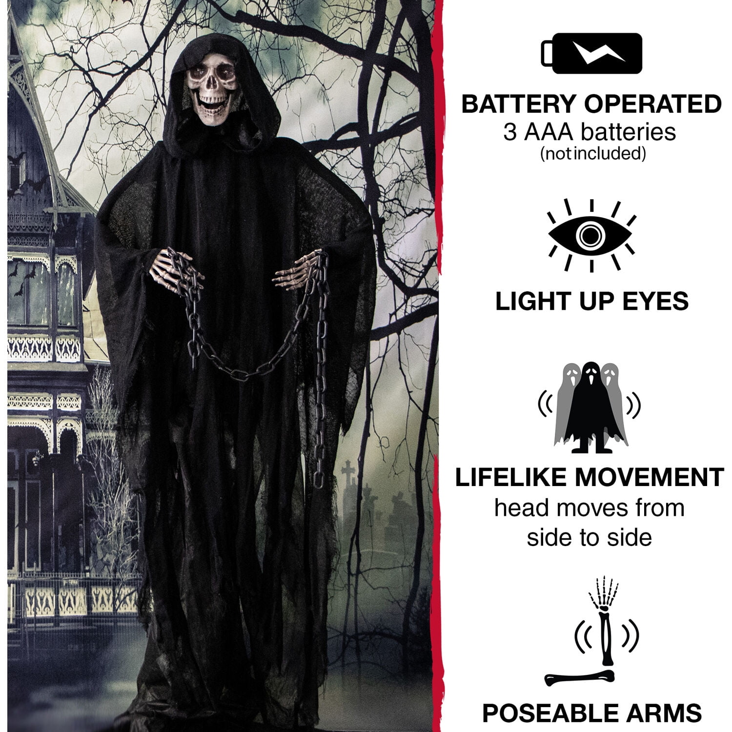 Haunted Hill Farm 5 ft Life-Size Animated Grim Reaper Prop w/ Chain and Rotating Head for Indoor or Outdoor Halloween Decoration, Battery-Operated - Image 9