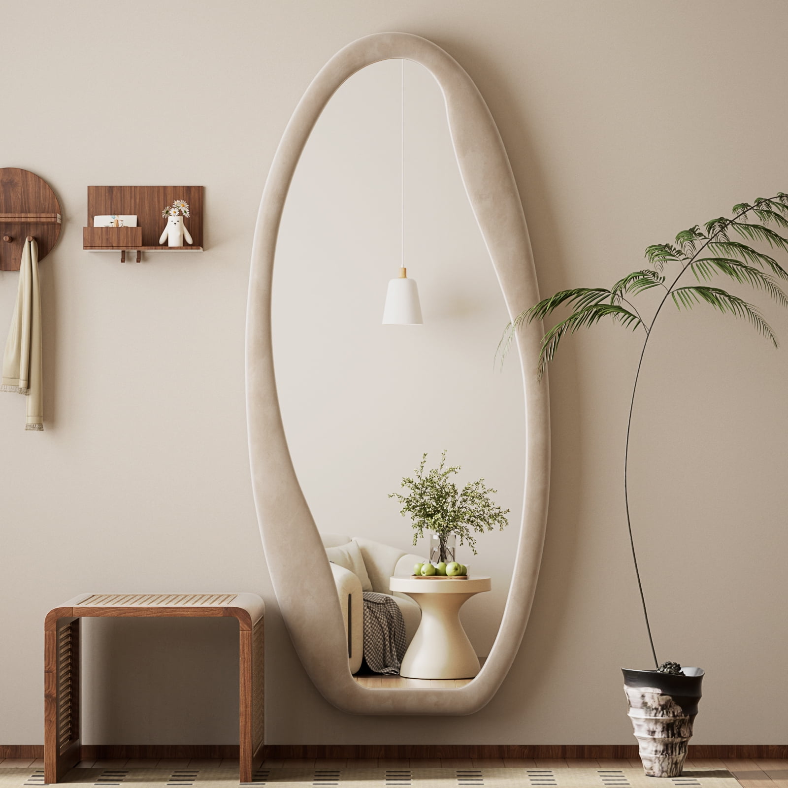 Anyrose 63"x24" Irregular Full Length Mirror Wavy Floor Mirror With Flannel Frame, White - Image 3