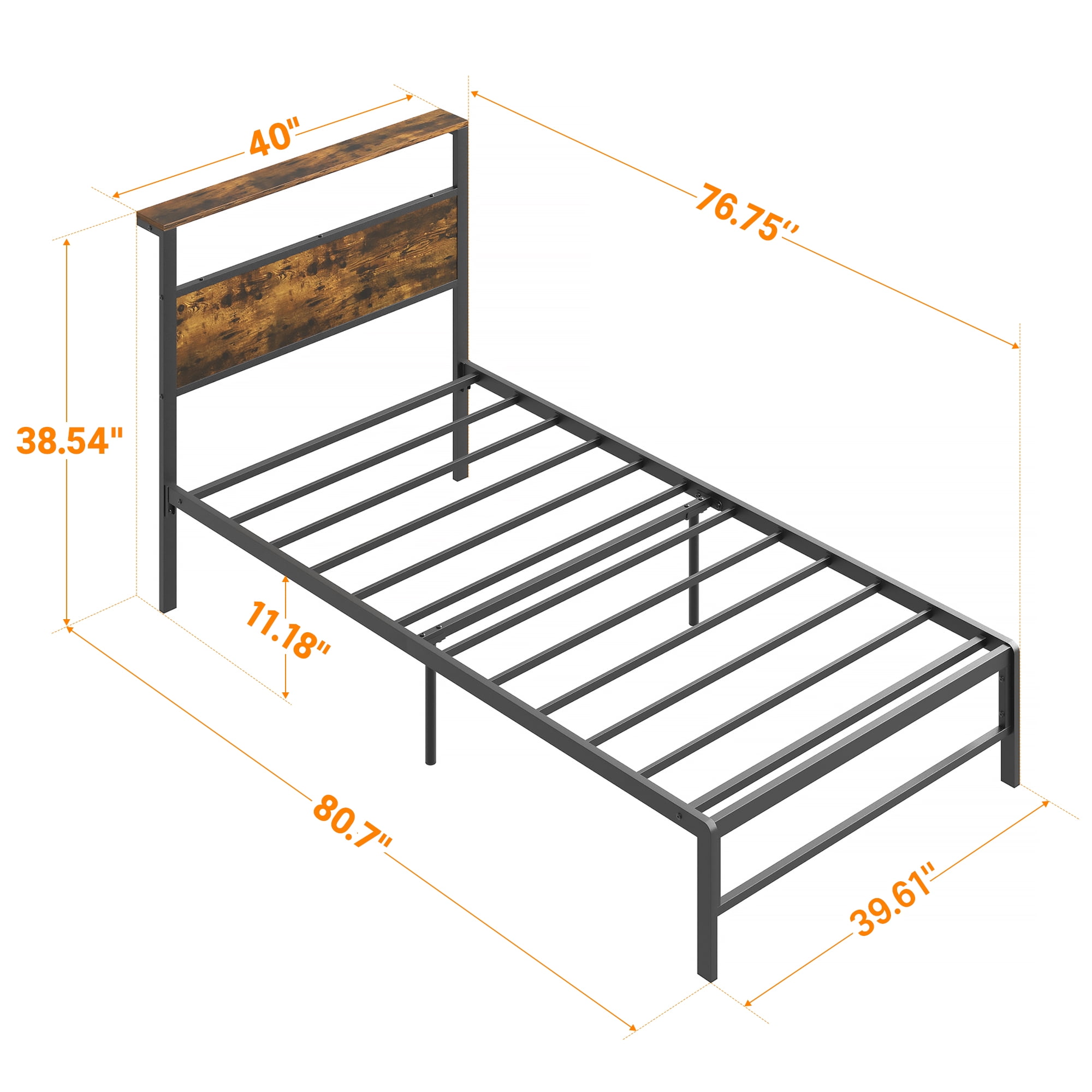 Yoneston Kids Twin Size Metal Platform Bed Frame with Storage Headboard, 12" Mattress Foundation for Childs Adults, Caramel Brown - Image 7