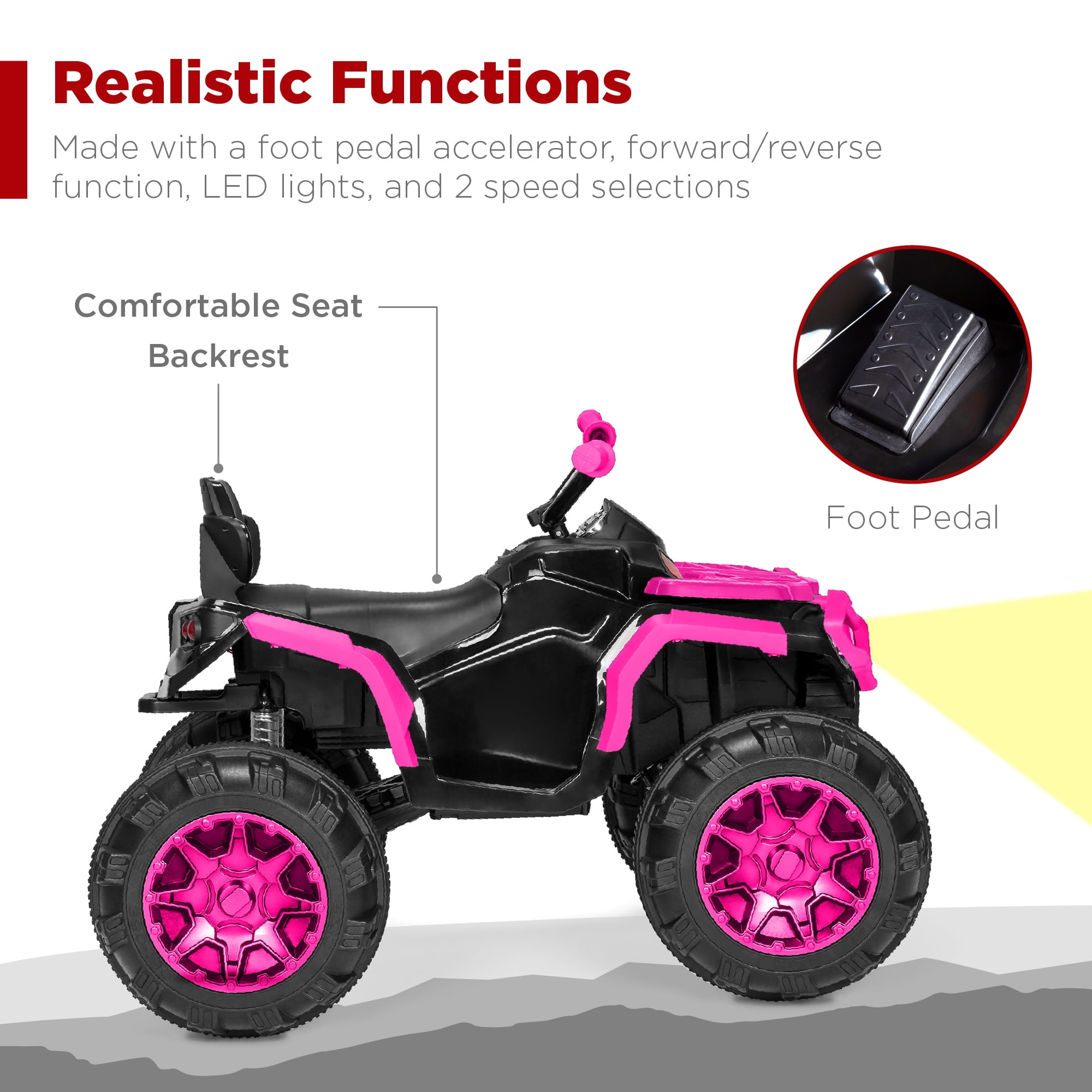 Best Choice Products 12V Kids Ride-On ATV Quad w/ Bluetooth, 3.7mph Max, Treaded Tires, LED Lights, Radio - Hot Pink - Image 8
