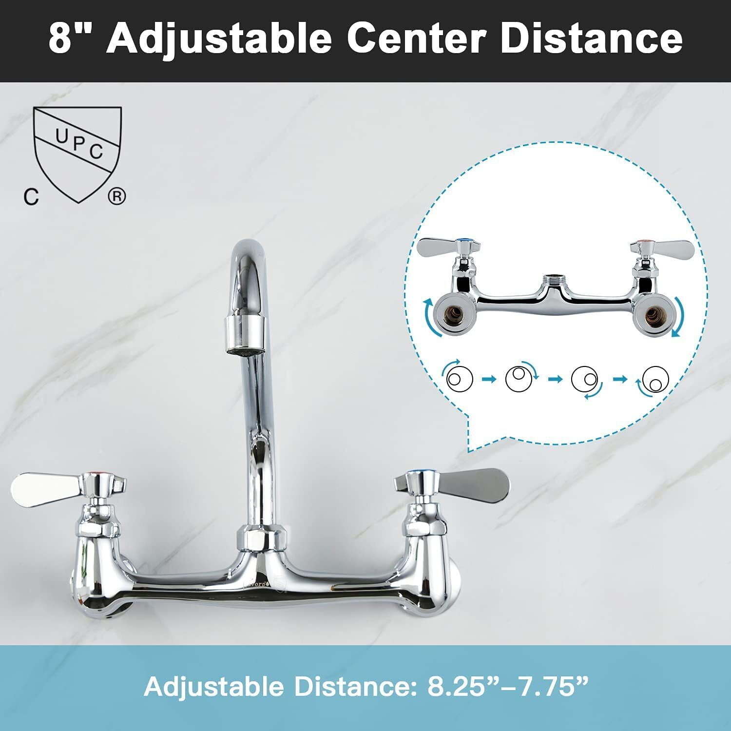 Zovajonia Commercial Kitchen Faucet 8 Inch Center Wall Mount 2Handle Swivel Sink Mixer Tap Polished Chrome - Image 9