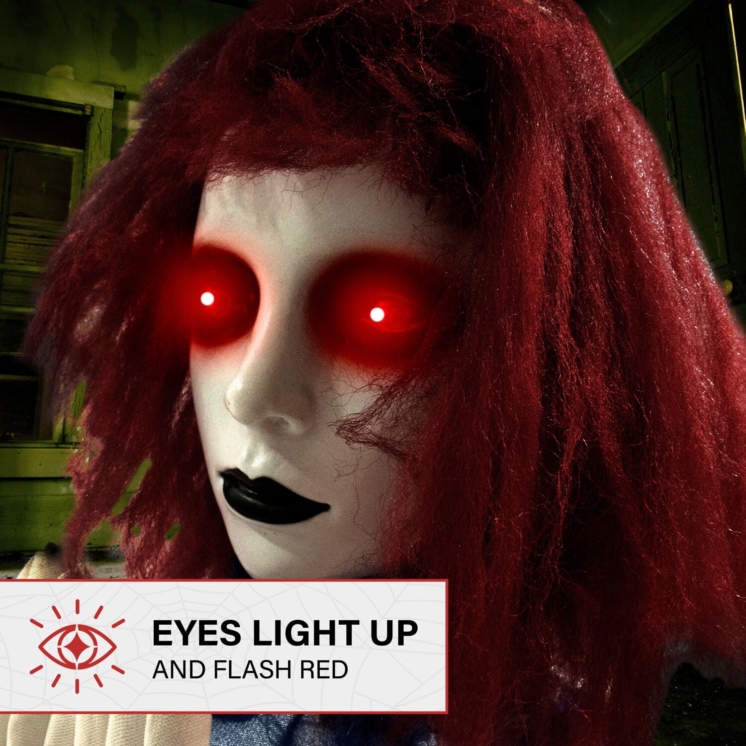 Haunted Hill Farm 27 in Pop-Up Animatronic Haunted Doll, Indoor/Outdoor Halloween Decoration, Red Flashing Eyes, Noises, Battery-Operated, HHFJGIRL-2LSA - Image 8