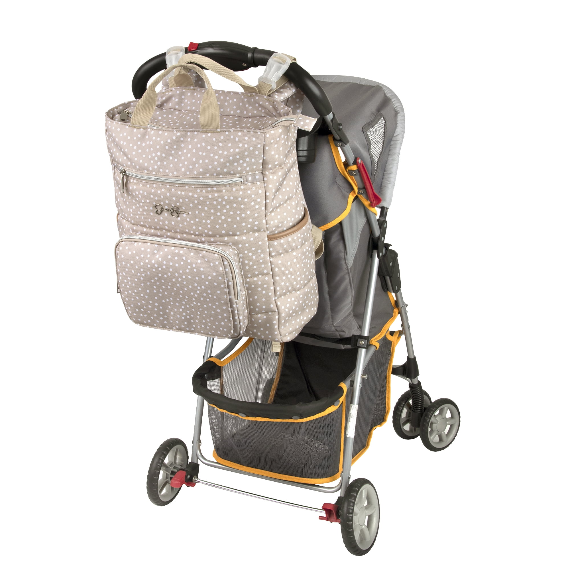 Jessica Simpson Taupe Line Quilted Multi-Pocket Fashion Diaper Bag Tote and Backpack in Dots with Magnetic Front Baby Wipe Pocket, Matching 3-Ply Folding Baby Changing Pad - Image 6