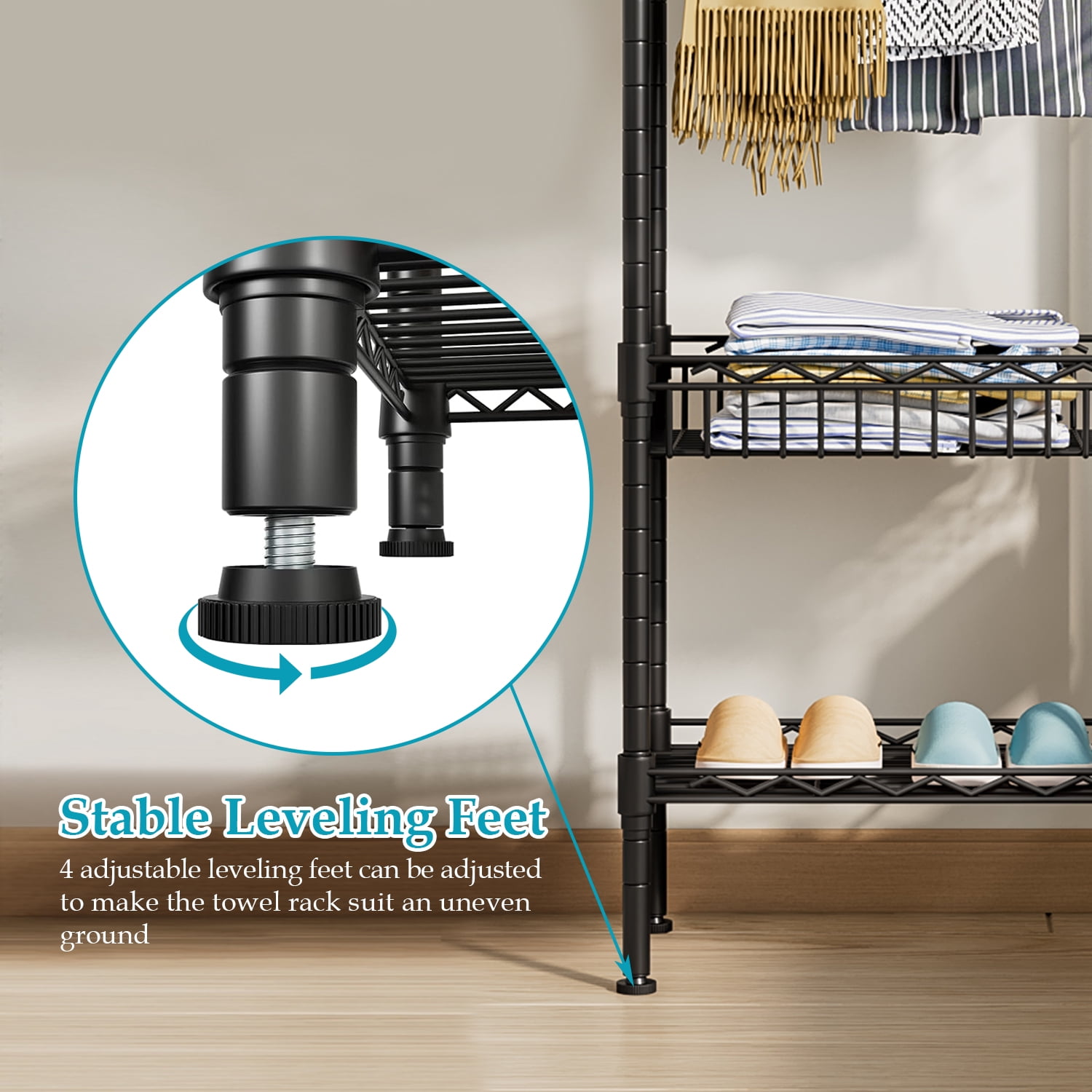 Untyo Metal 3 Tiers Free-Standing Towel Rack, Adjustable Bathroom Storage Organizer Shelf, Bath Towel Standing Shelf for Swimming Pool, Black - Image 5