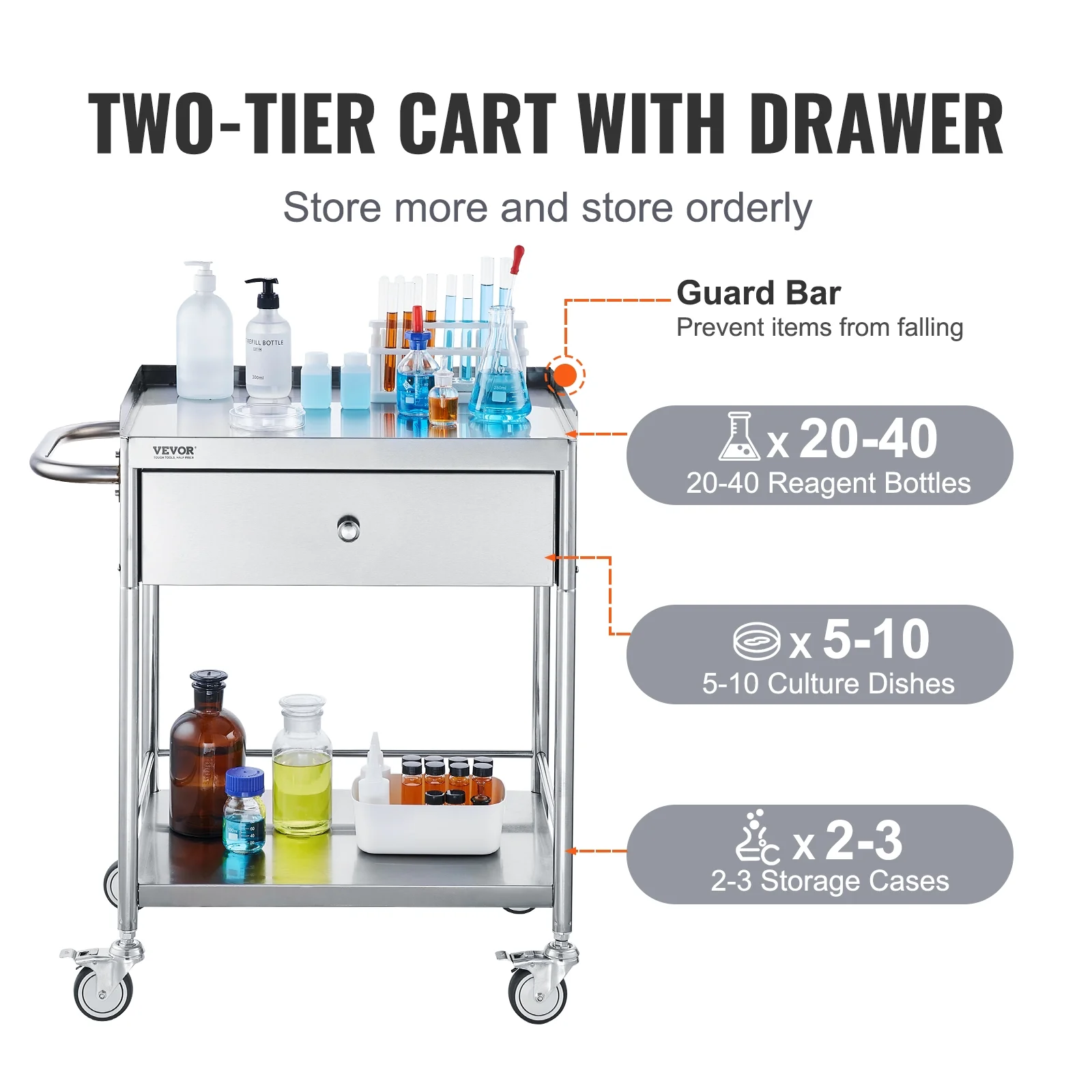 VEVOR 2-Tier Lab Cart Stainless Steel Cart Utility Rolling Cart Mobile Lab Utility Cart with A Drawer & 3 Shelves 220 lbs Catering Dental Utility Cart Dolly Restaurant 28.0'' x 16.6'' x 30.9'' - Image 3