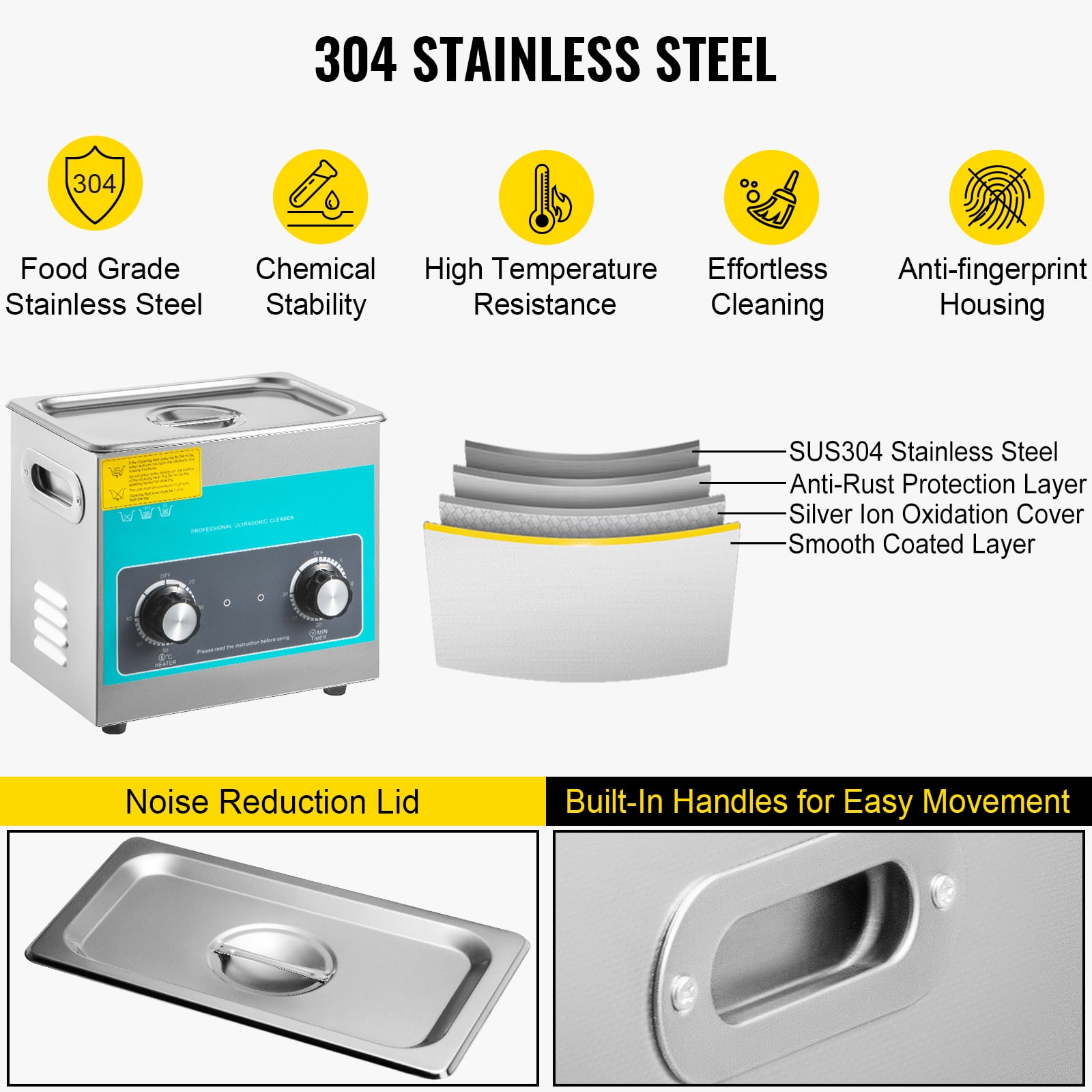 VEVORbrand Knob Ultrasonic Cleaner 3L 40kHz Ultrasonic Cleaning Machine Knob Control 304 Stainless Steel Ultrasonic Cleaner Machine with Heater & Timer for Cleaning Jewelry Eyeglasses Watches - Image 5