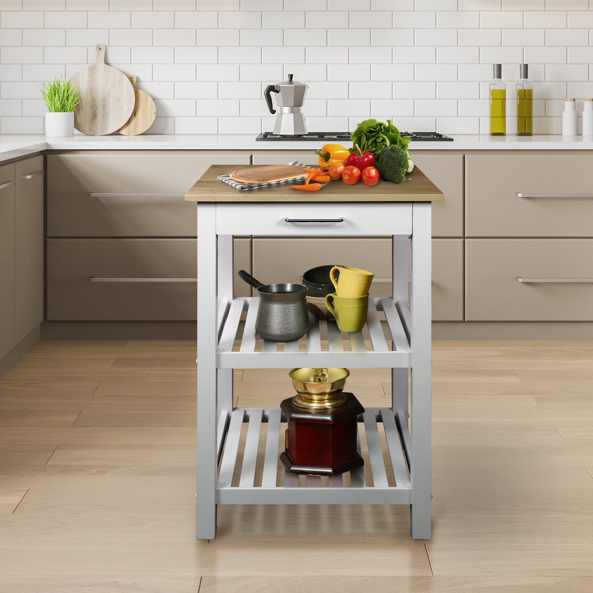 Casual Home Solid Wood 22.75"W Kitchen Island with Drawer, Two Shelves, and Towel Racks, American Maple Top, Two-Tone Finish (Natural White) - Image 5