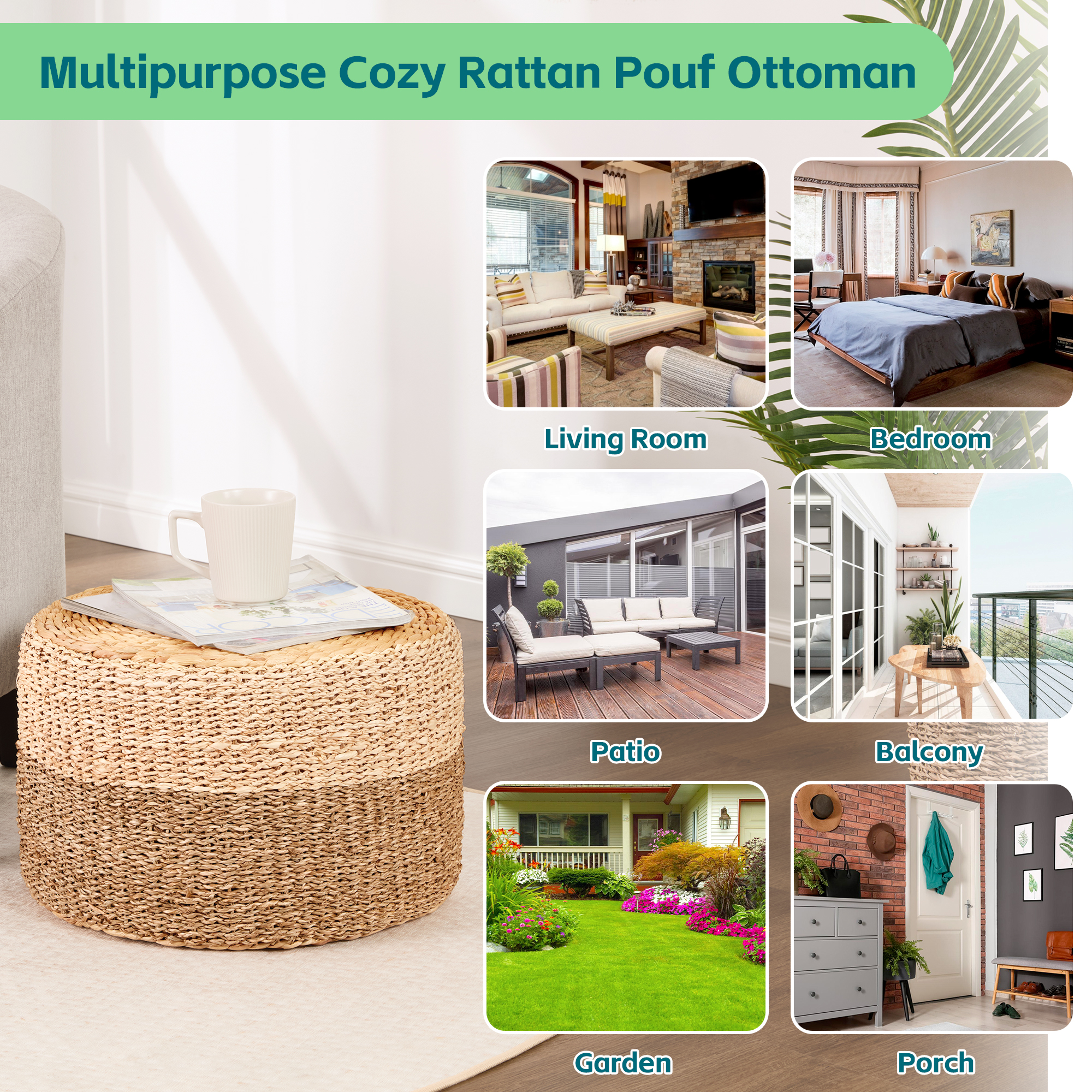 TrumanPick Pouf Ottoman Set of 2 Handwoven Rattan Footrest Boho Footstool 12"H x 18"W Load 350 lbs, Natural - Image 7