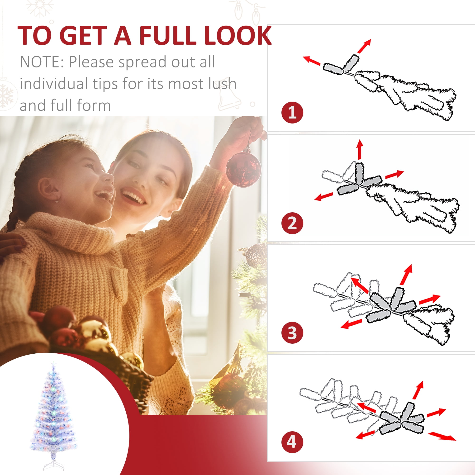 HOMCOM 5ft Tall Pre-Lit Douglas Fir Artificial Christmas Tree with Realistic Branches, Multi-Color LED Lights, Fiber Optics and 180 Tips - White/Blue - Image 5