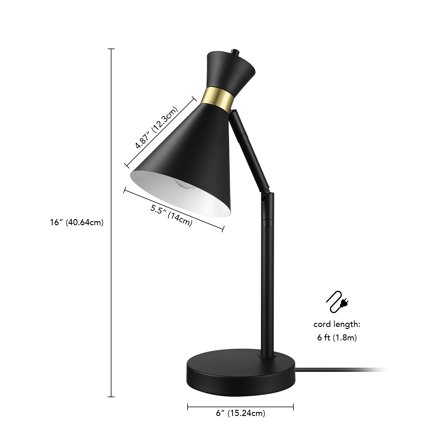 16" Matte Black Desk Lamp with Matte Brass Accents and Metal Shade - Image 8