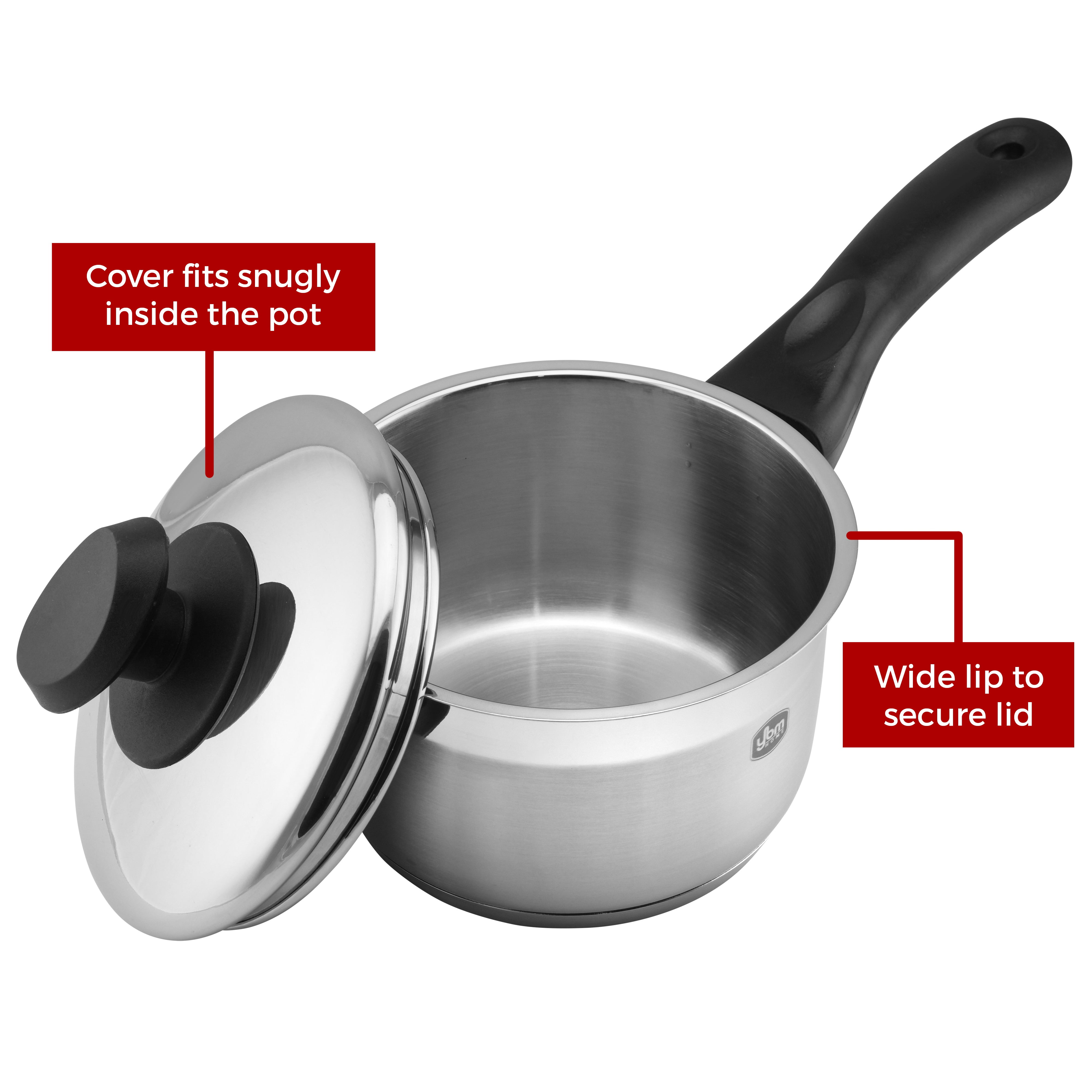 YBM Home Professional Chef’s 18/10 Stainless Steel Stock Pot Covered Tri-Ply Capsule Base With Bakelite Handle, Terrific Mirror Silver, Induction Compatible, 7 Quart - Black - Image 4