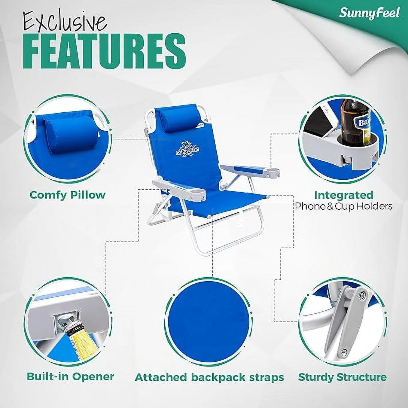 "Sunnyfeel Reclinable 28"" Low Beach Chair, 5 Position Lay Flat, XL Portable Folding Camping Chair, Navy Blue" - Image 3