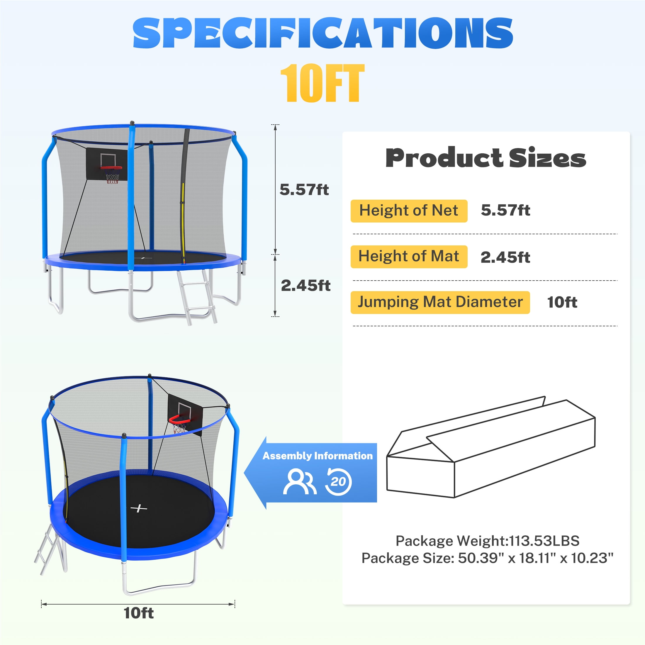 SEGMART 10ft Trampoline for Kids with Basketball Hoop and Enclosure Net/Ladder,Blue - Image 4