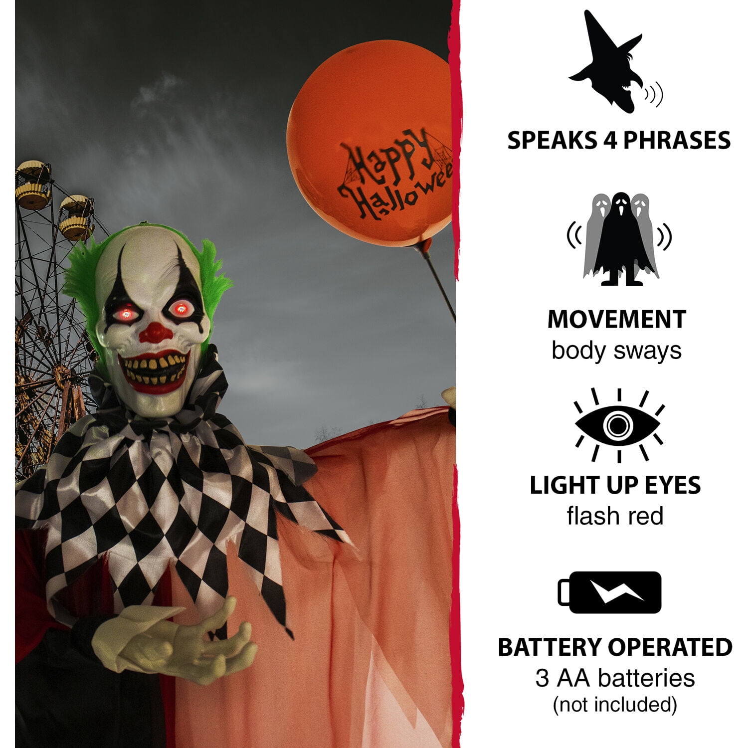 Haunted Hill Farm 5.9 ft Life-Size Animatronic Clown Halloween Decoration with Lights and Sound, HHCLOWN-7FLSA - Image 13