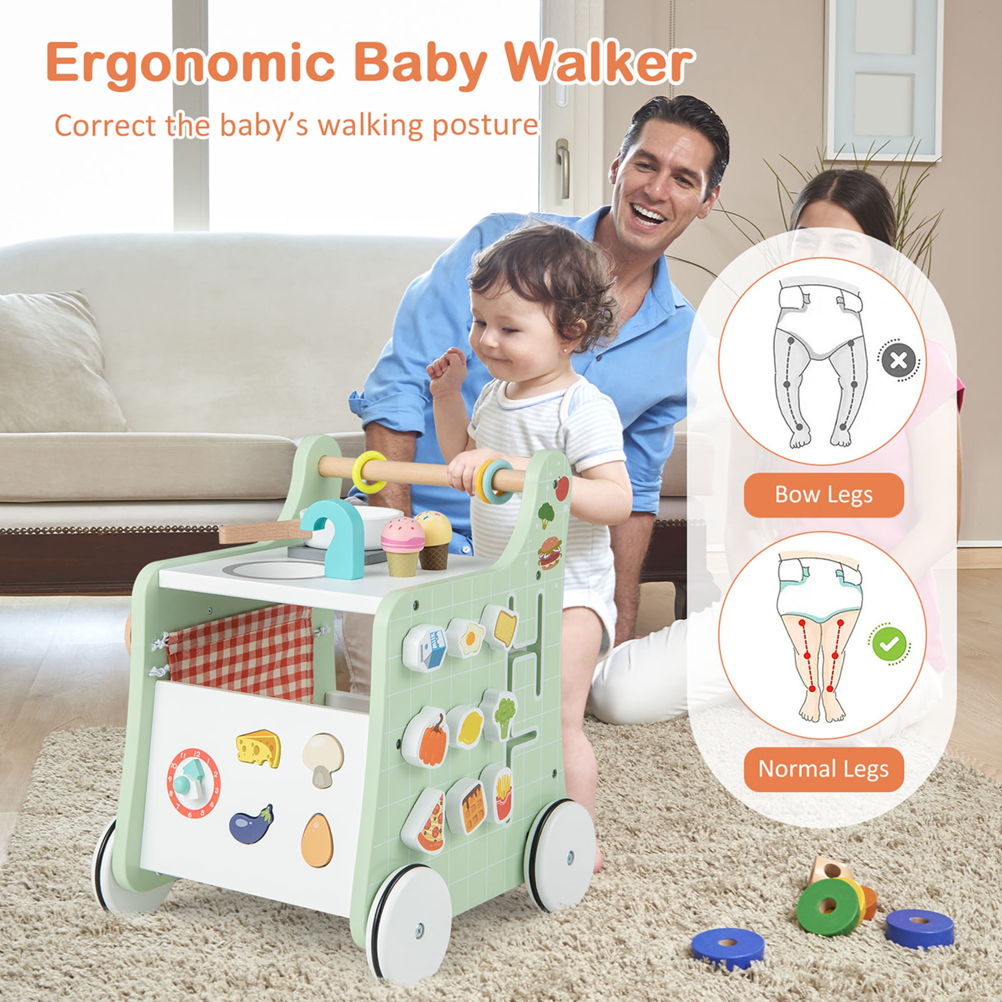 Costway 6-in-1 Baby Push Walker Wooden Strollers Learning Activity Center Toy with Kitchen 12+ months+ Green - Image 10