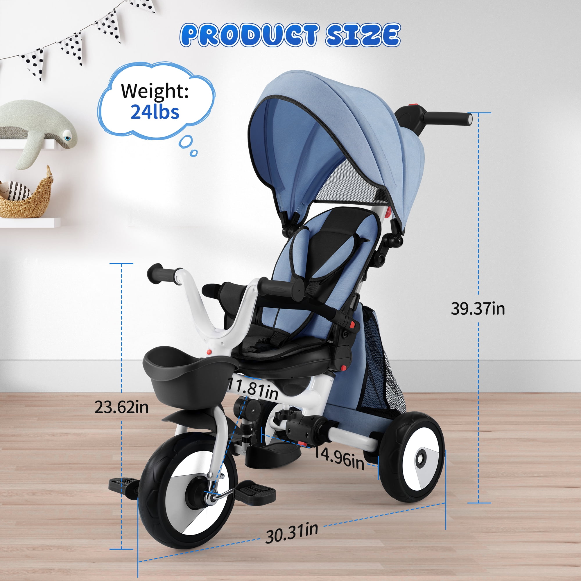 4-in-1 Foldable Baby Tricycle w/Adjust Handle, Canopy & Storage,18M-5Y Blue - Image 6