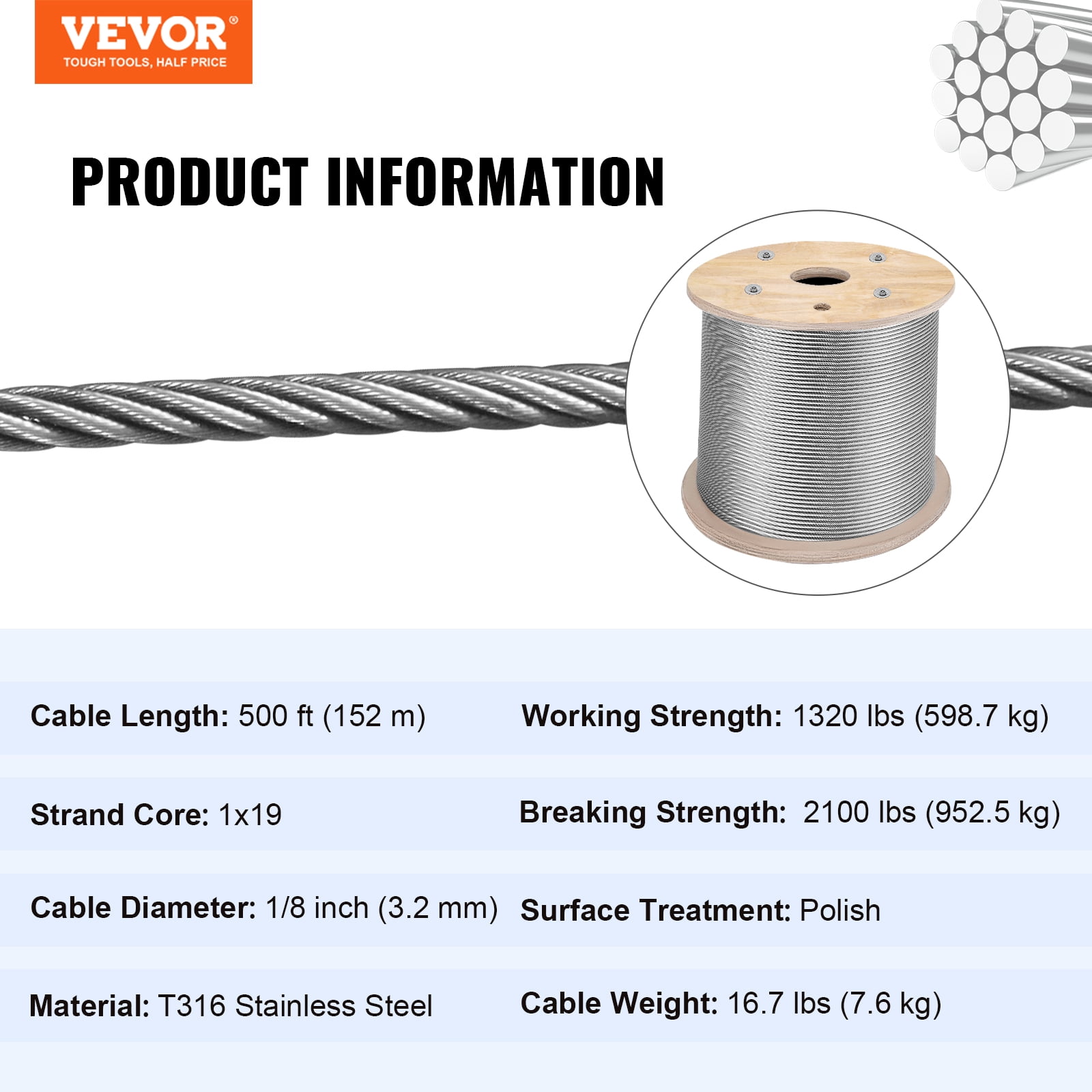 VEVOR 1/8" x 500ft Stainless Steel Cable Railing , 1x19 Wire Rope 316 Marine Grade, Braided Aircraft Cable for Deck, Rail, Balusters, Stair, Handrail, Porch, Fence - Image 5