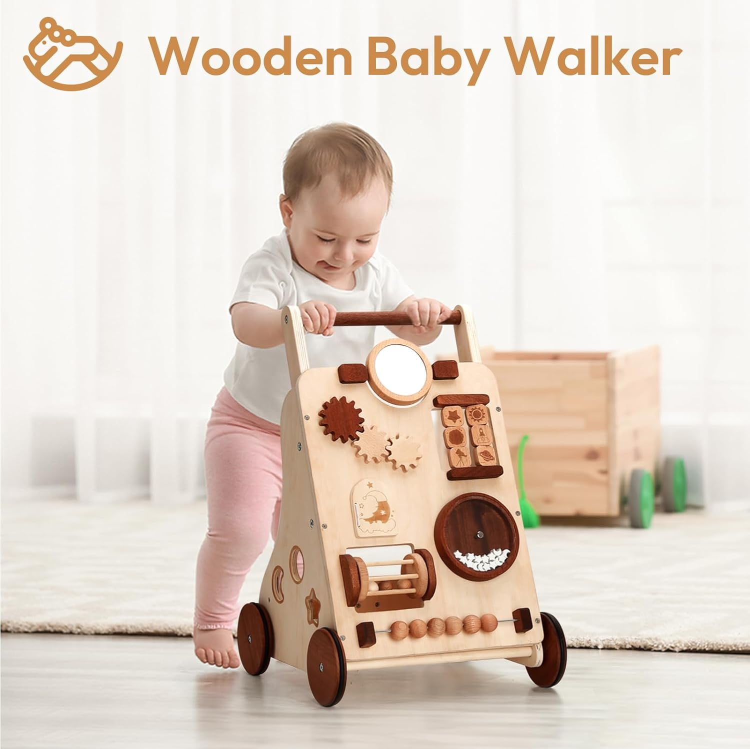Woodtoe Wooden Baby Walker, Adjustable Push and Pull Learning Activity Center Walker Toy, Natural Wood Sit to Stand Walker for Baby Learning to Walk, Educational Gift for Toddler Boy Girl 1+ - Image 7
