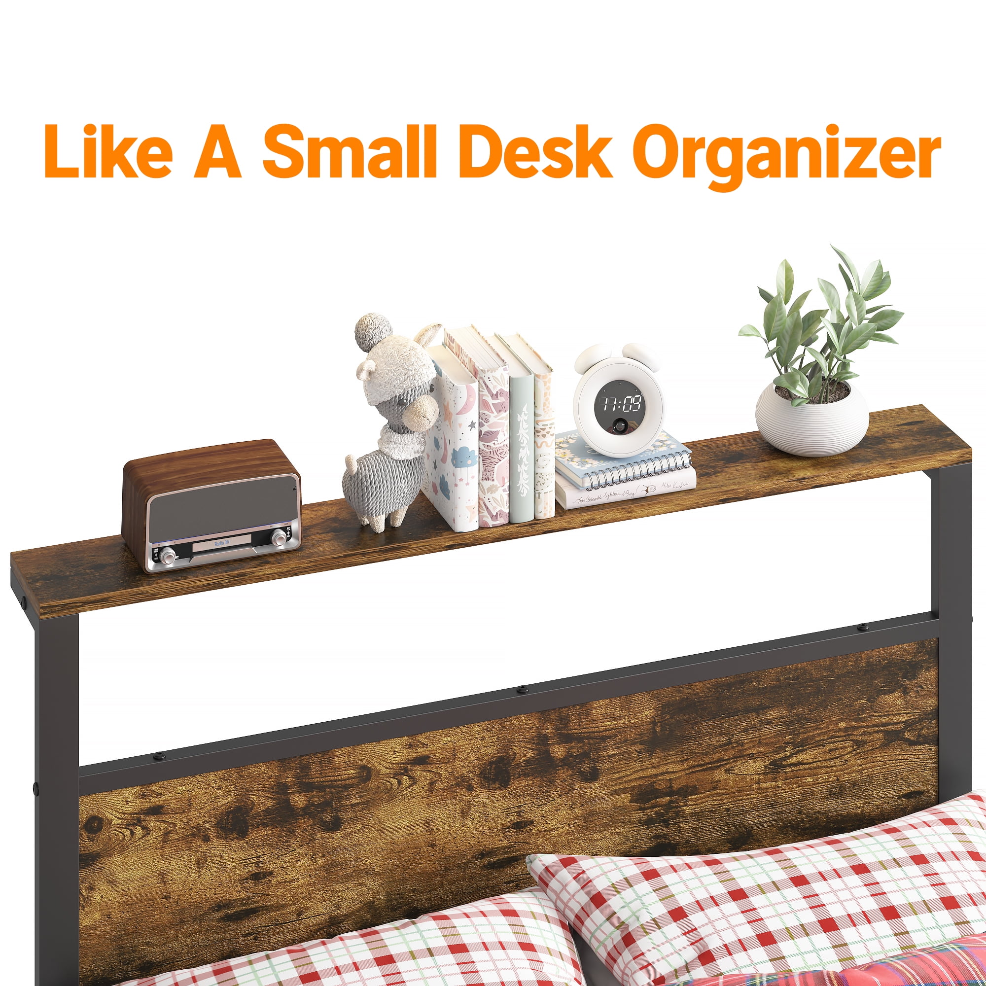 Yoneston Kids Twin Size Metal Platform Bed Frame with Storage Headboard, 12" Mattress Foundation for Childs Adults, Caramel Brown - Image 5