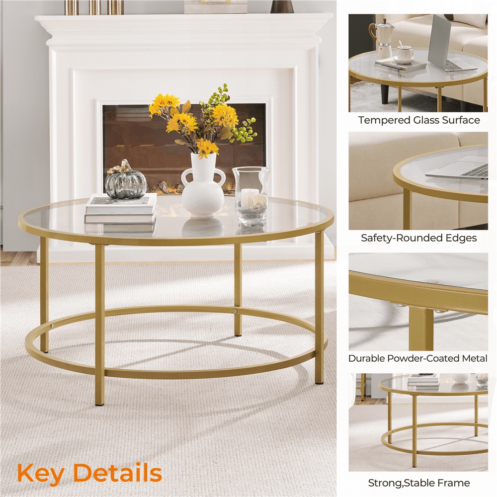 Renwick Round Glass Top Coffee Table for Livingroom, Gold - Image 6