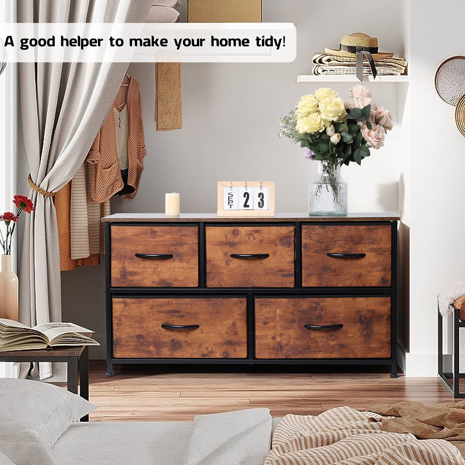 Vesteel 5 Drawers Dresser, Wide Chest of Drawers Fabric Dresser with Wood Top and Sturdy Steel Frame, Storage Organizer Unit for Closet, Living Room, Hallway - Rustic Brown - Image 3