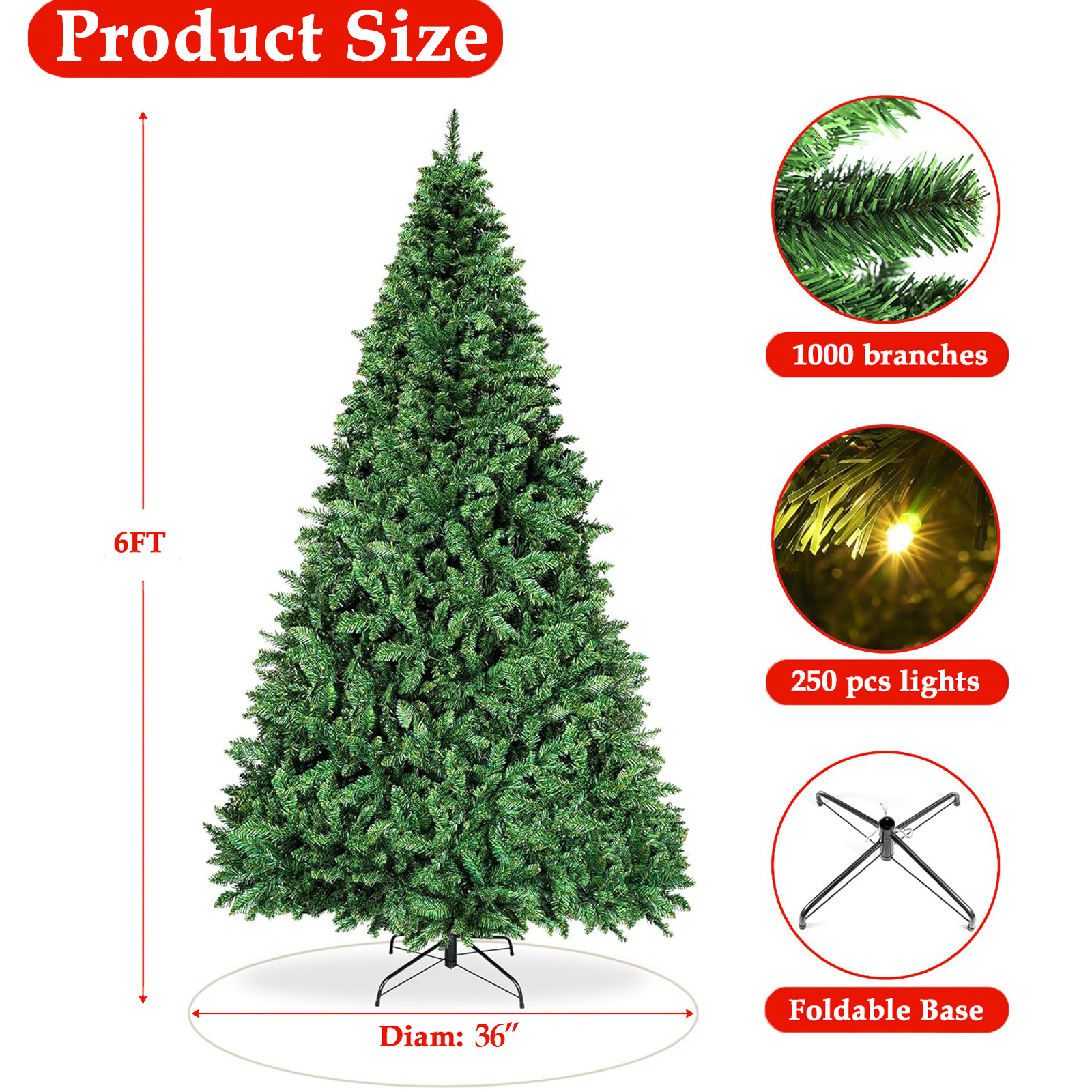 HONGGE 6ft Pre-Lit Premium Hinged Artificial Holiday Christmas Pine Tree for Home, Office, Party Decoration w/ 1,000 Branch Tips, 250 Lights, Metal Hinges & Foldable Base - Image 6