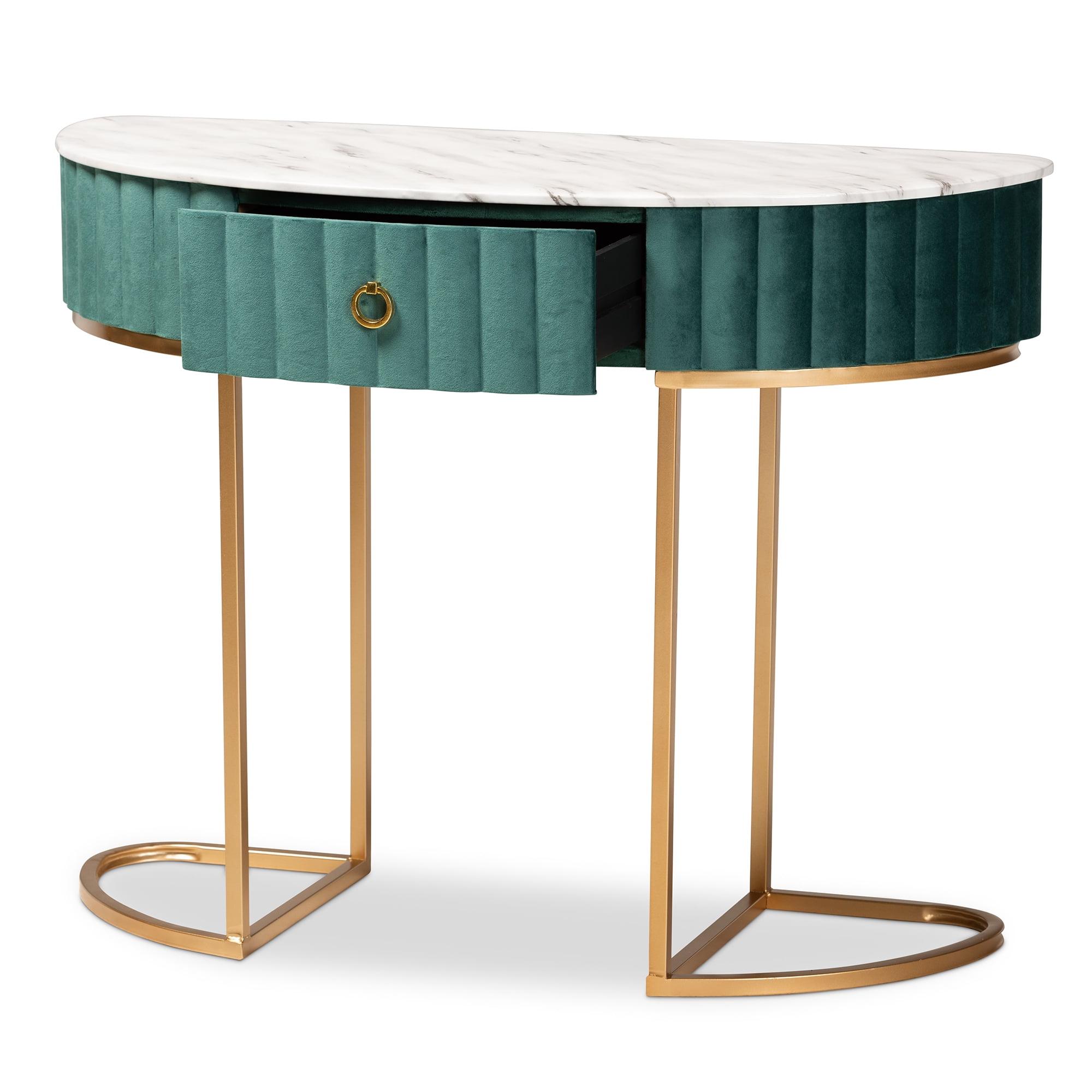 Baxton Studio Beale Luxe and Glam Green Velvet Upholstered and Brushed Gold Finished 1-Drawer Console Table with Faux Marble Tabletop - Image 6
