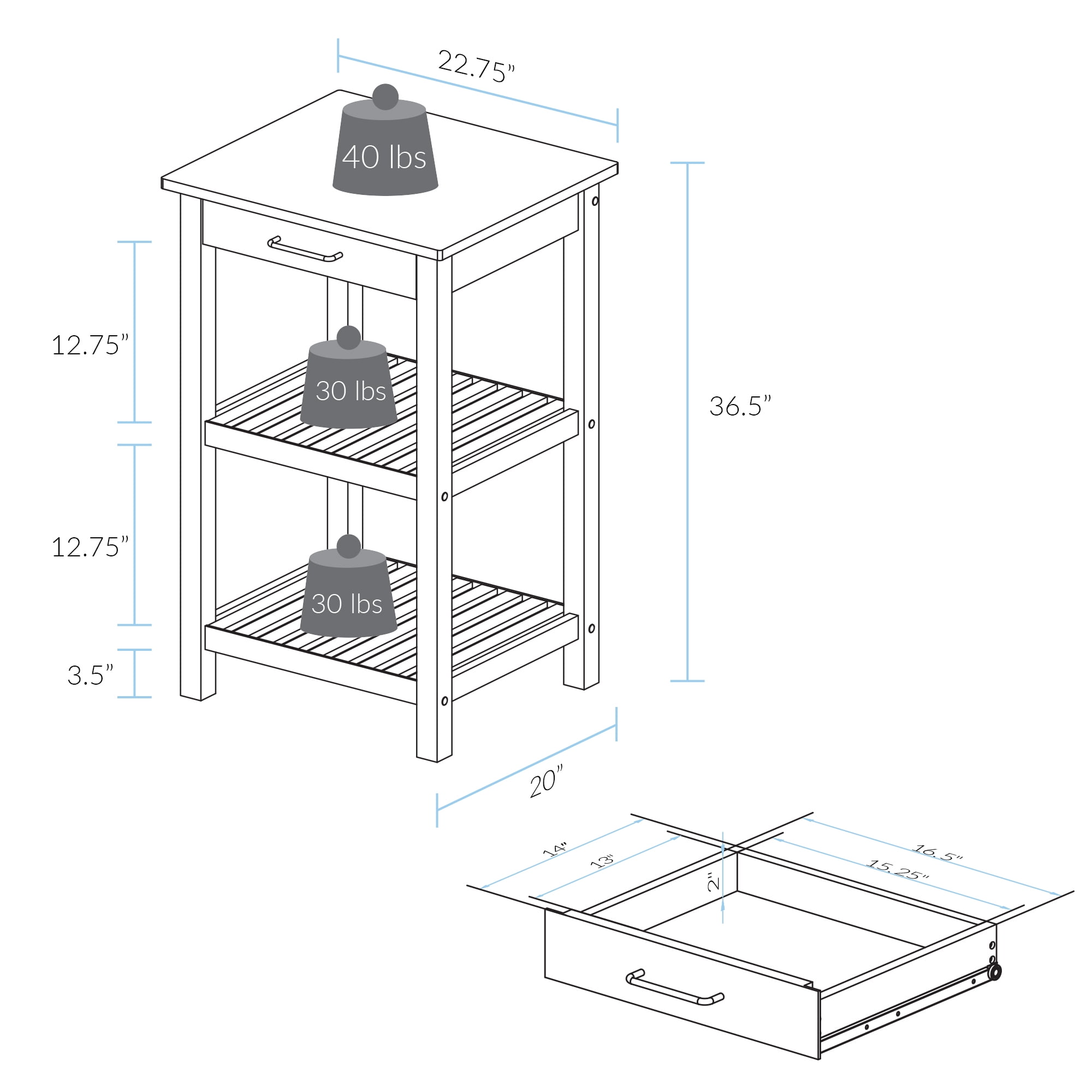 Casual Home Solid Wood 22.75"W Kitchen Island with Drawer, Two Shelves, and Towel Racks, American Maple Top, Two-Tone Finish (Natural White) - Image 3