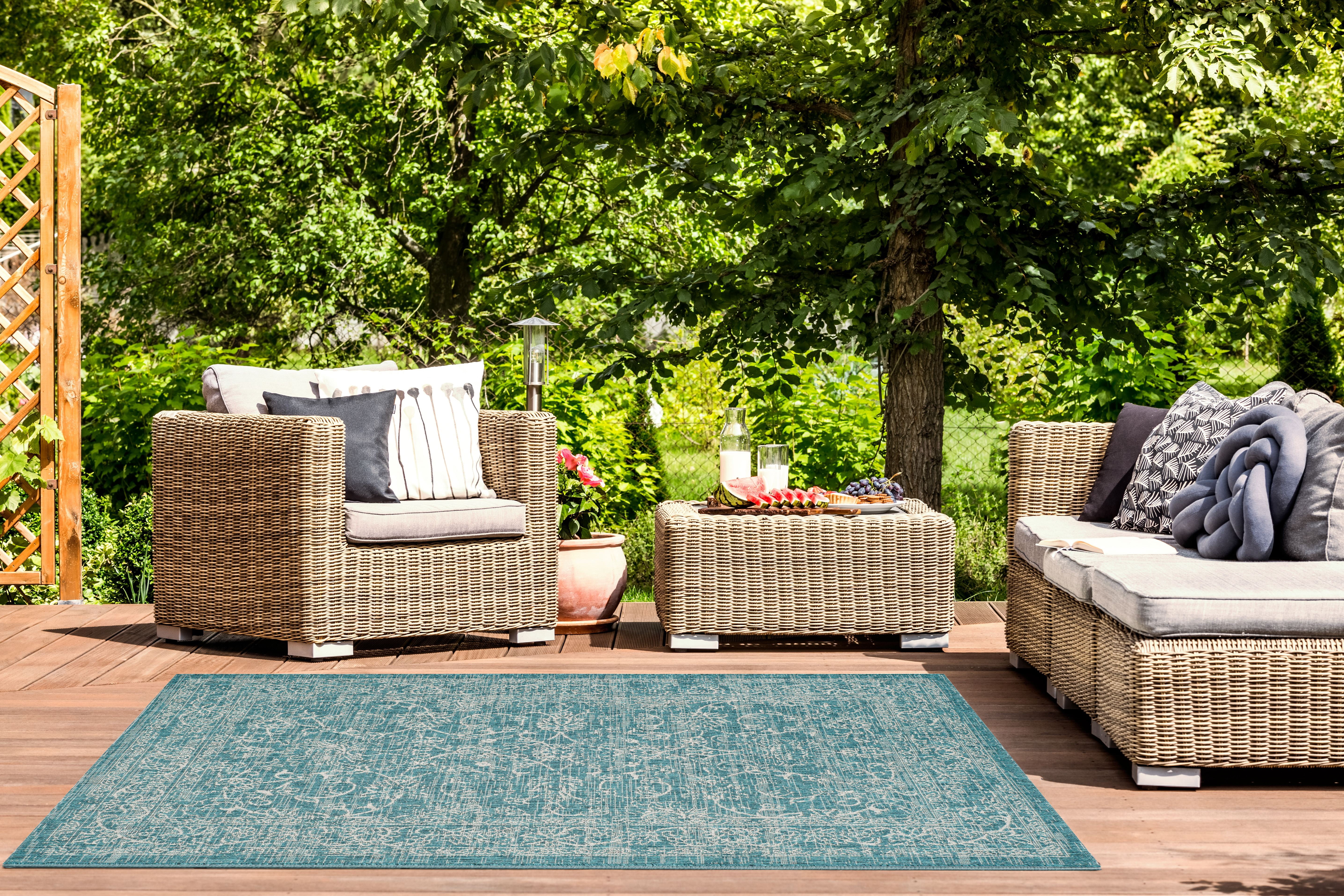 SAFAVIEH Courtyard Darin Botanical Indoor/Outdoor Area Rug, Turquoise, 6'7" x 9'6" - Image 14