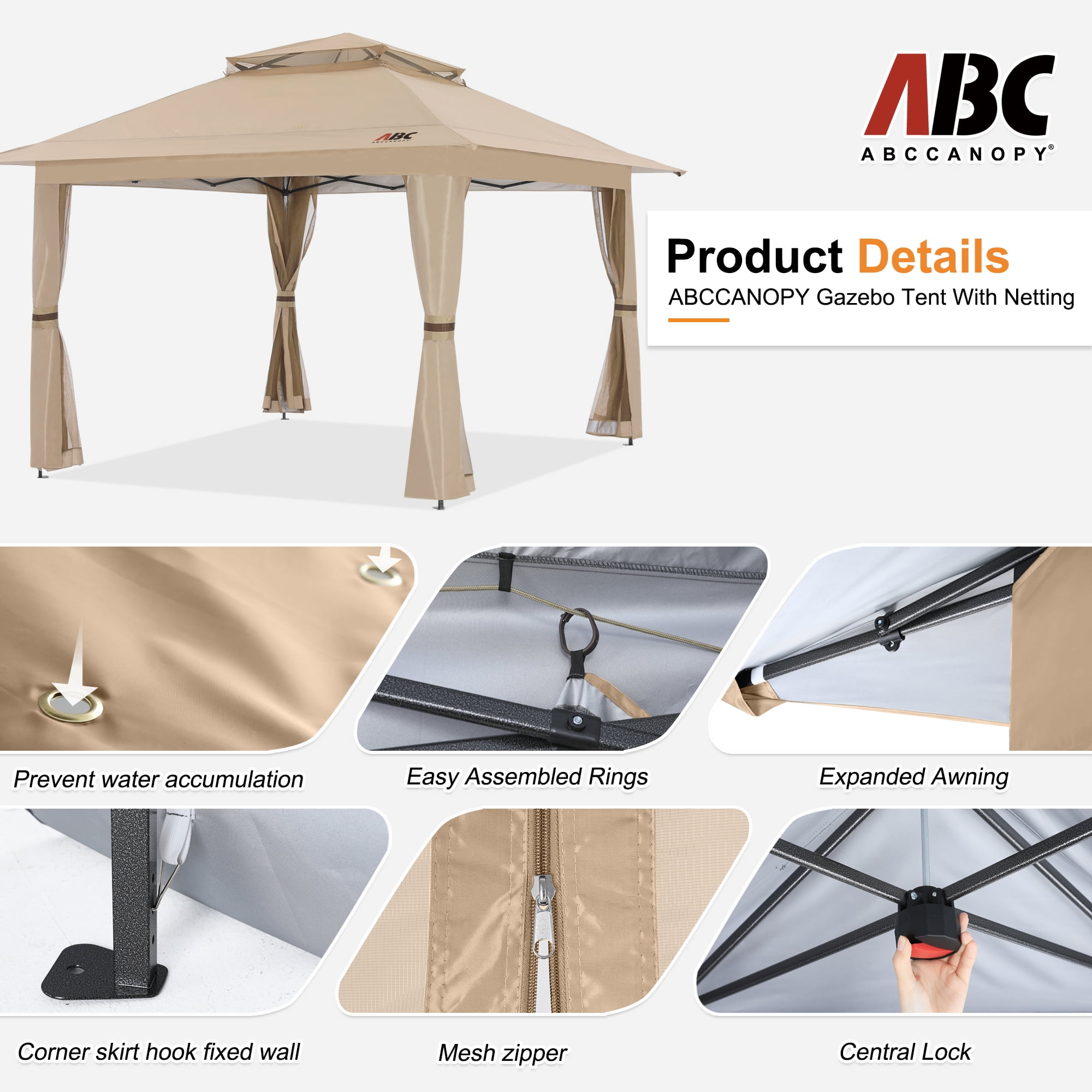 ABCCANOPY 13'x13' Gazebo Tent Outdoor Pop up Gazebo Canopy Shelter with Mosquito Netting, Khaki - Image 3
