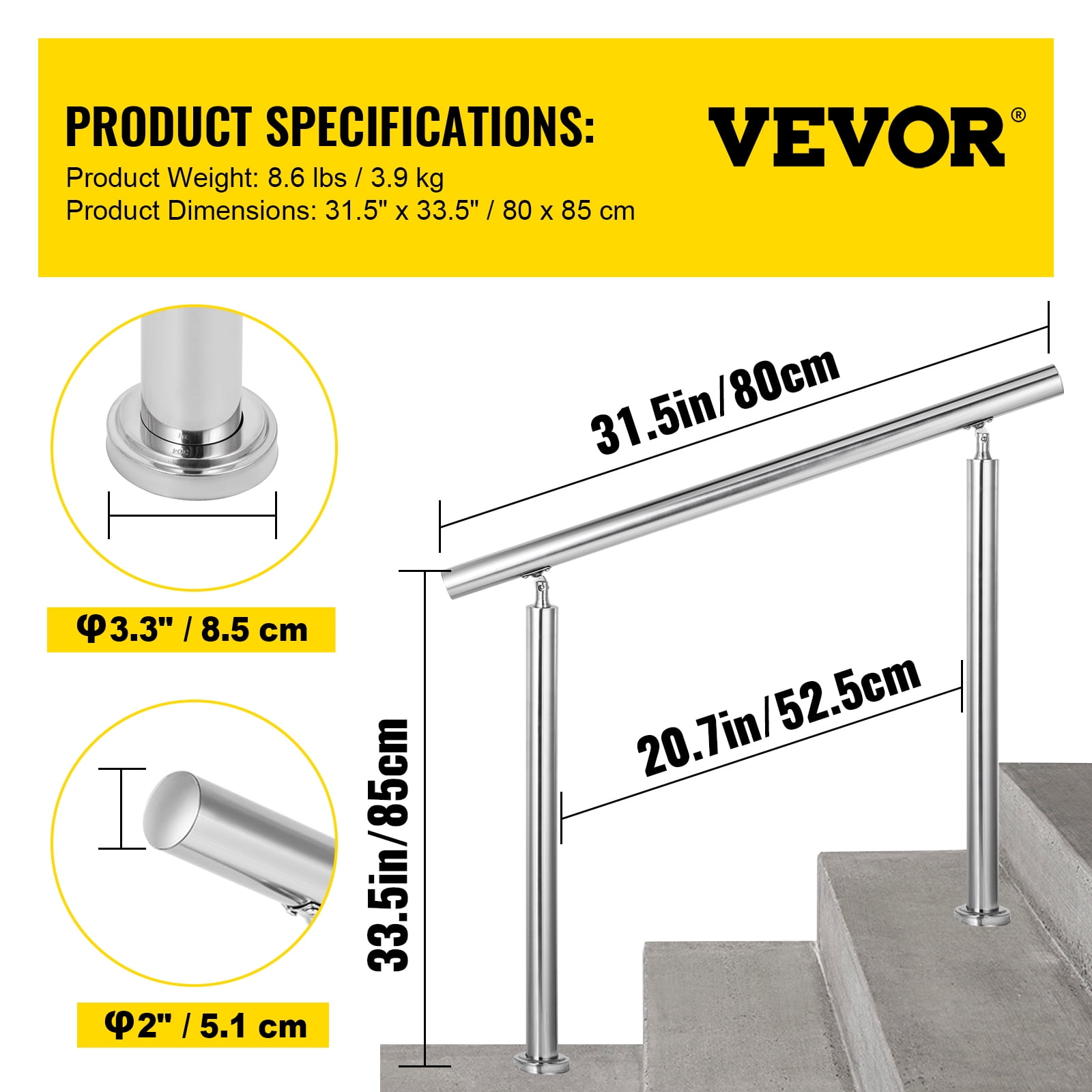 VEVOR 1-2 Steps Stainless Steel Handrail Adjustable from 60 to 130° 220LBS Load Handrail for Outdoor Steps 32x34" Outdoor Stair Railing Silver Stair Handrail Transitional Stair Rail with Screw Kit - Image 4