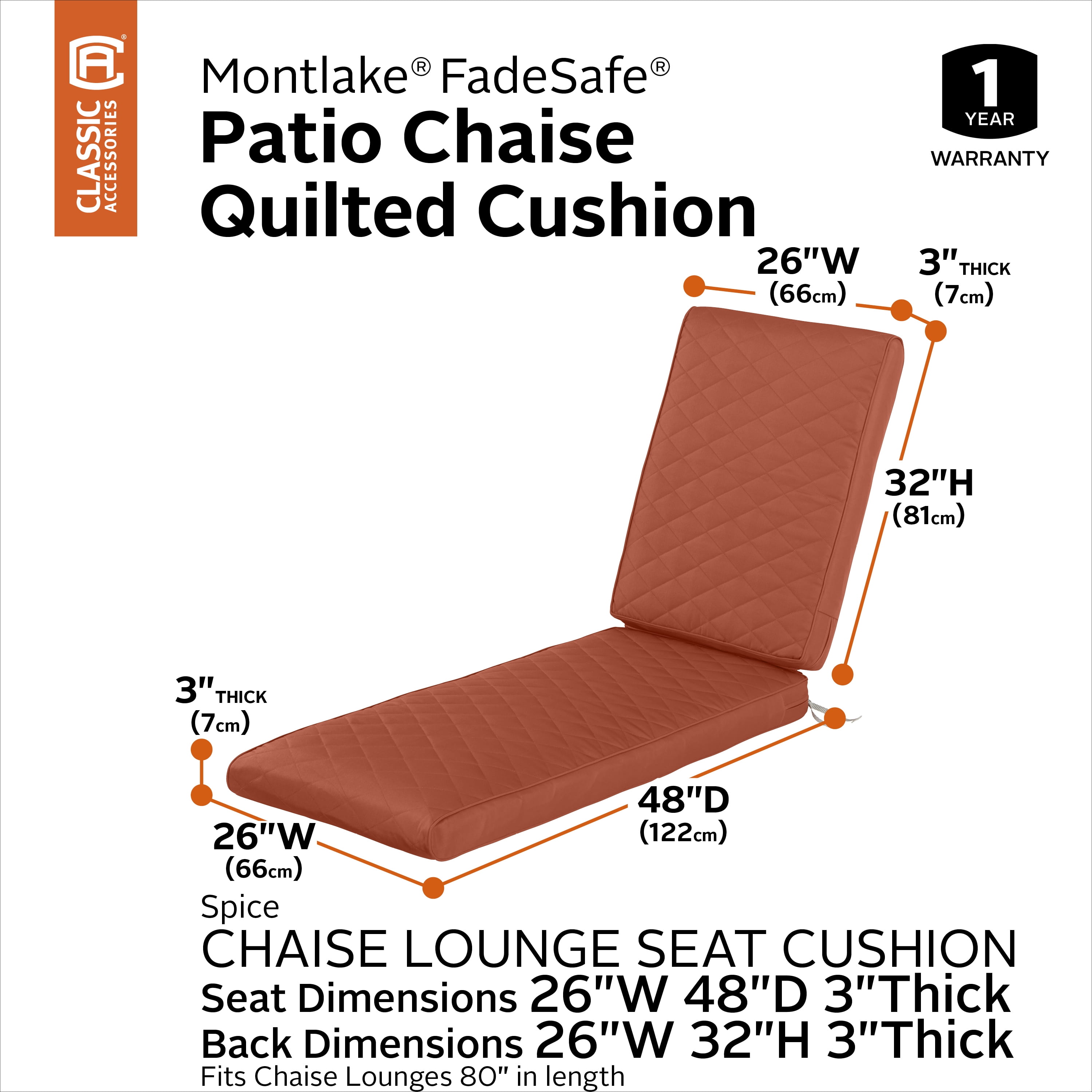 Classic Accessories Montlake FadeSafe Water-Resistant Patio Chaise Quilted Cushion, 80 x 26 x 3 inch, Spice - Image 10
