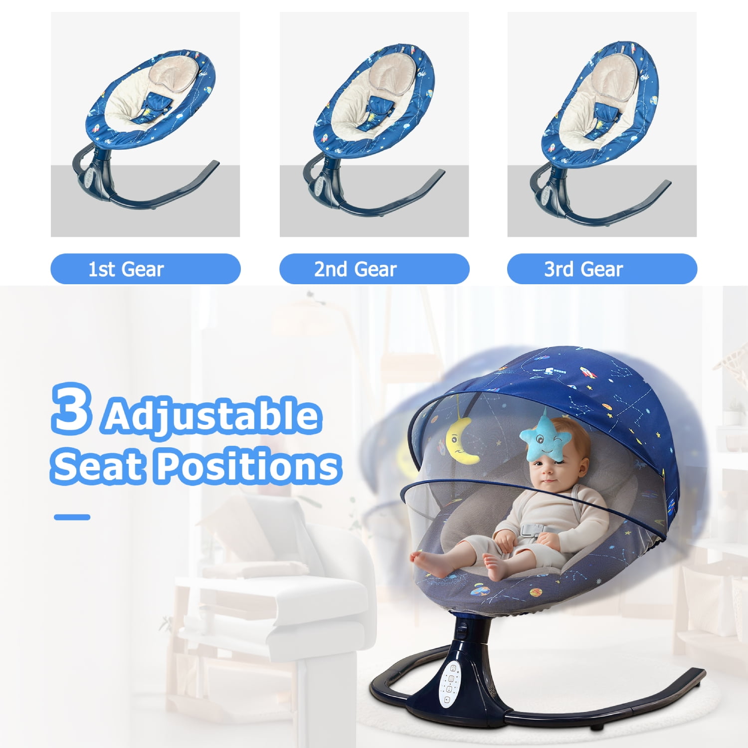 JOJOLAM Electric Baby Swing, Infant Bouncer Chair with Bluetooth Music, 3 Gear Adjustable Seat, 12 Lullabies, 4 Speeds, 4 Timing Set, Blue - Image 3