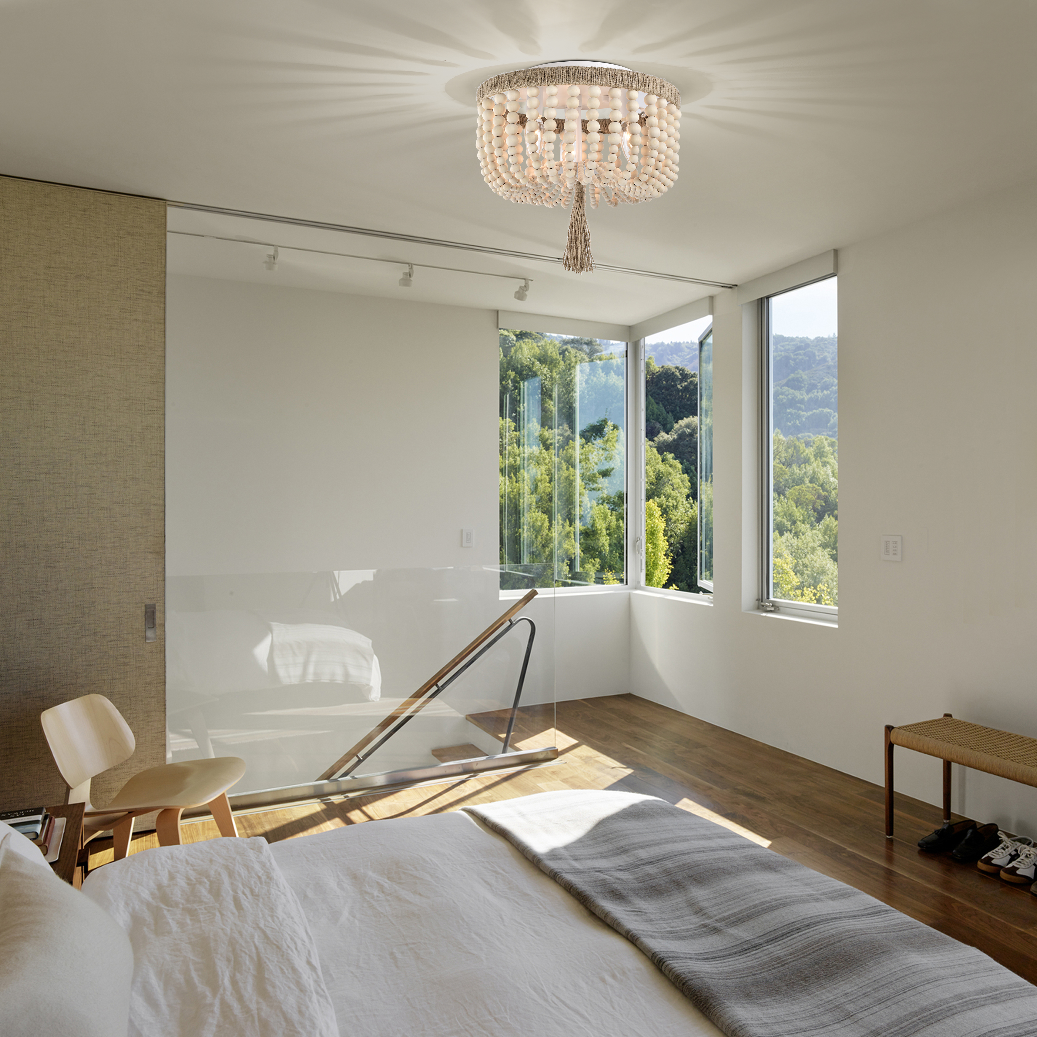 Wood Bead Chandelier Flush Mount Ceiling Light Fixture 3-Light Boho Light Fixtures Ceiling Farmhouse Chandeliers for Bedroom Dining Room - Image 7