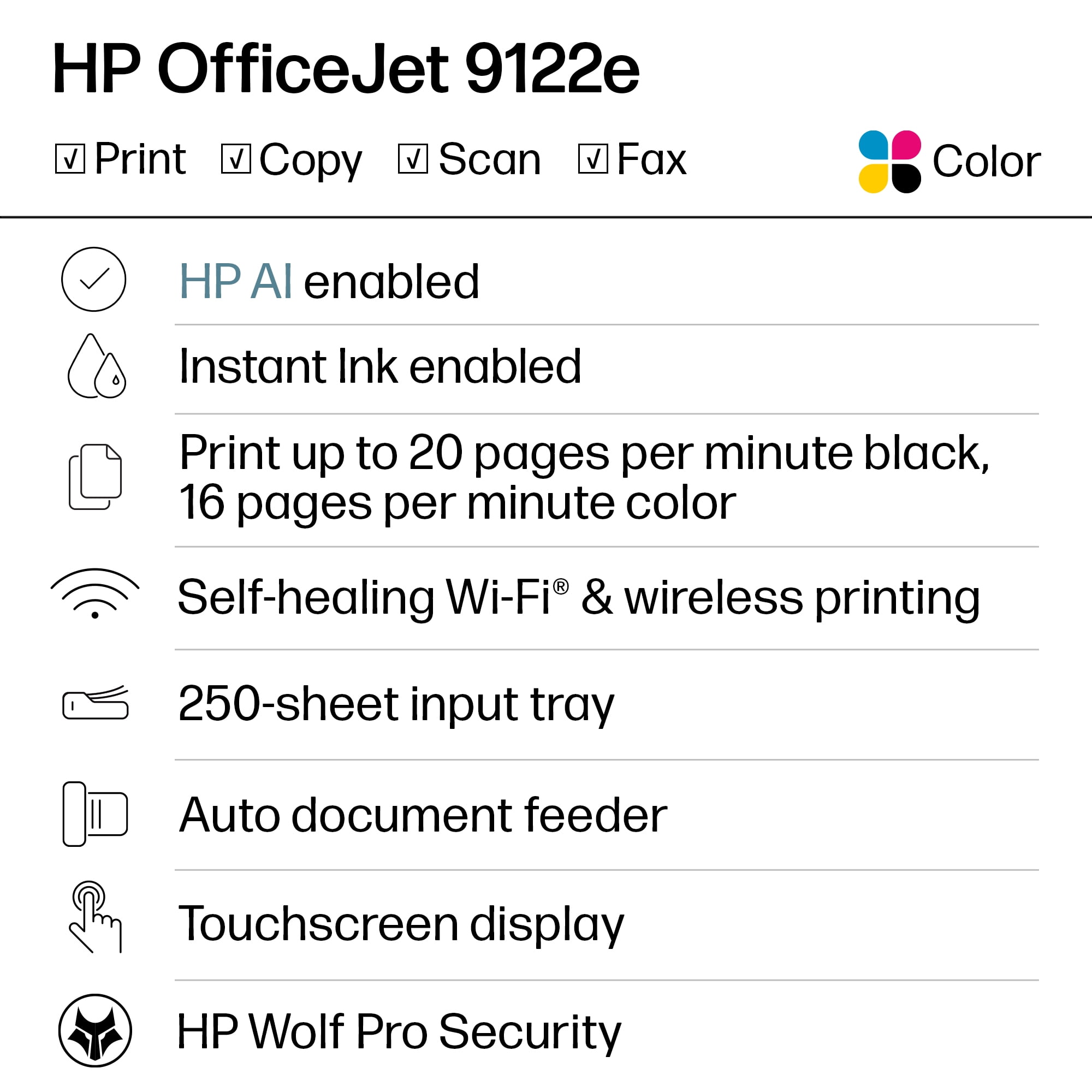 HP OfficeJet 9122e Wireless All-in-One Color Inkjet Printer, Scanner, Copier, Fax, ADF, 3 months Instant Ink - Image 8