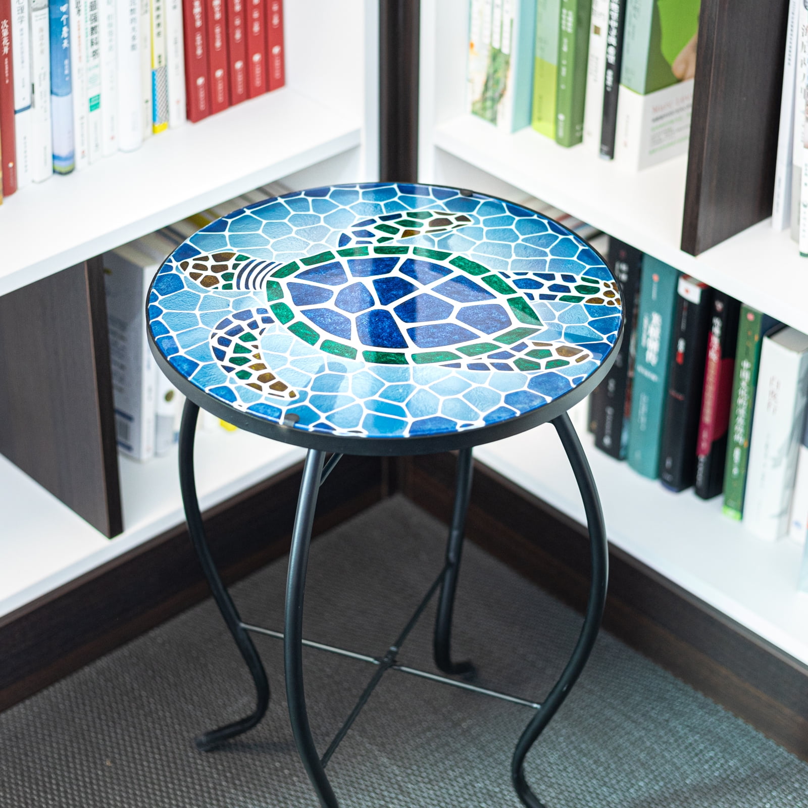 Wonder Garden 21 Inch Table Round Outdoor End Tables for Patio Mosaic Glass Tabletop Coffee Table Plant End Table Small Porch Table Indoor Green and Blue Sea Turtle - Image 4