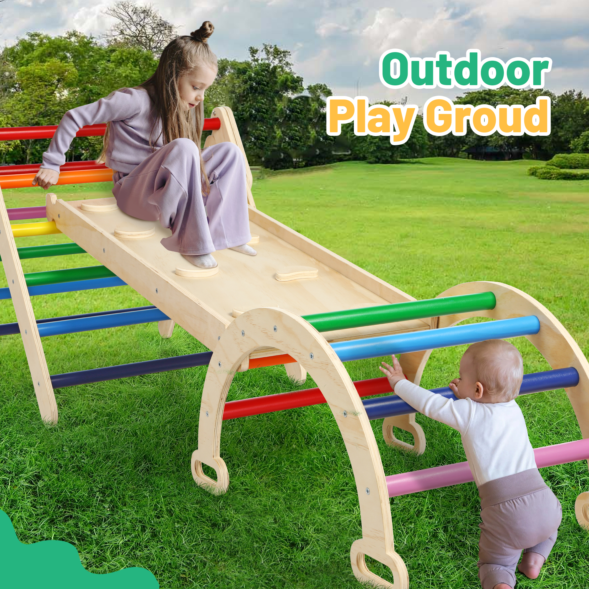 Wilwolfer 3 in 1 Climbing Toys for 1-3 Years Toddlers Montessori Wood Toys Set with Climbing Triangle & Ramp & Arch Indoor Outdoor - Image 5