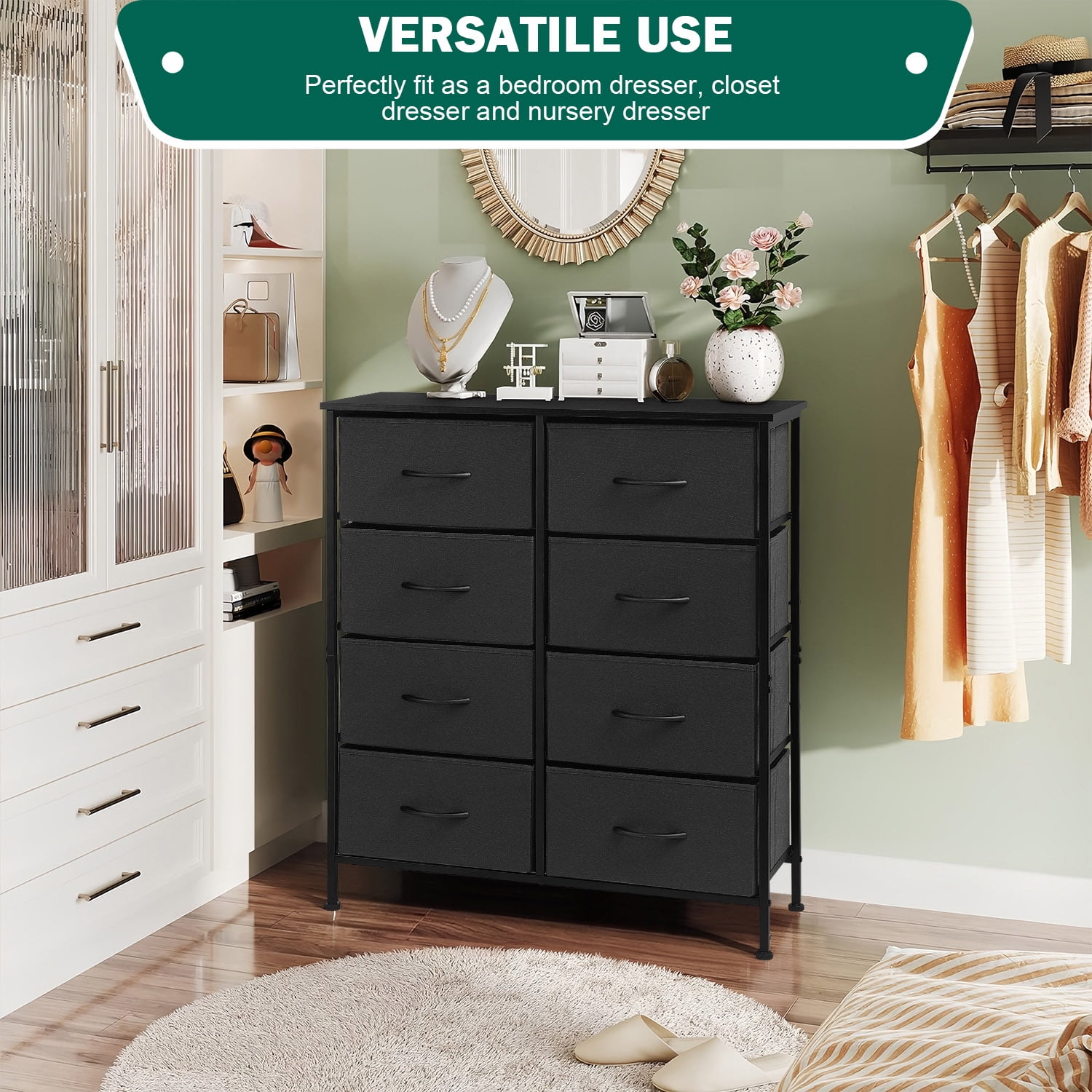 Vesteel 8 Drawers Dresser for Bedroom, Double Dresser Tall Storage Tower with Fabric Bins, Chest of Drawers for Closet, Living Room, Hallway, Black - Image 3