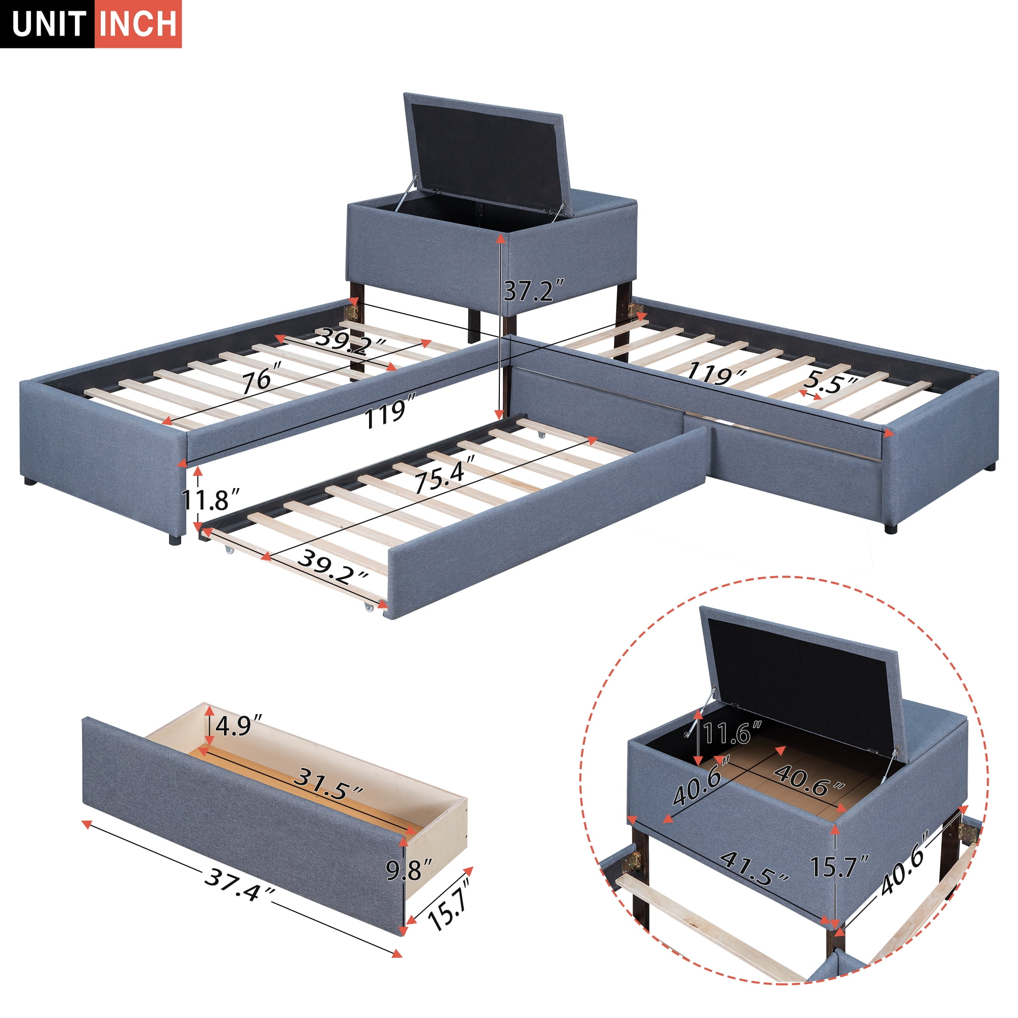 EUROCO Upholstery L-Shaped Twin Platform Bed with Drawers and Trundle,Square Table for Bedroom - Image 9