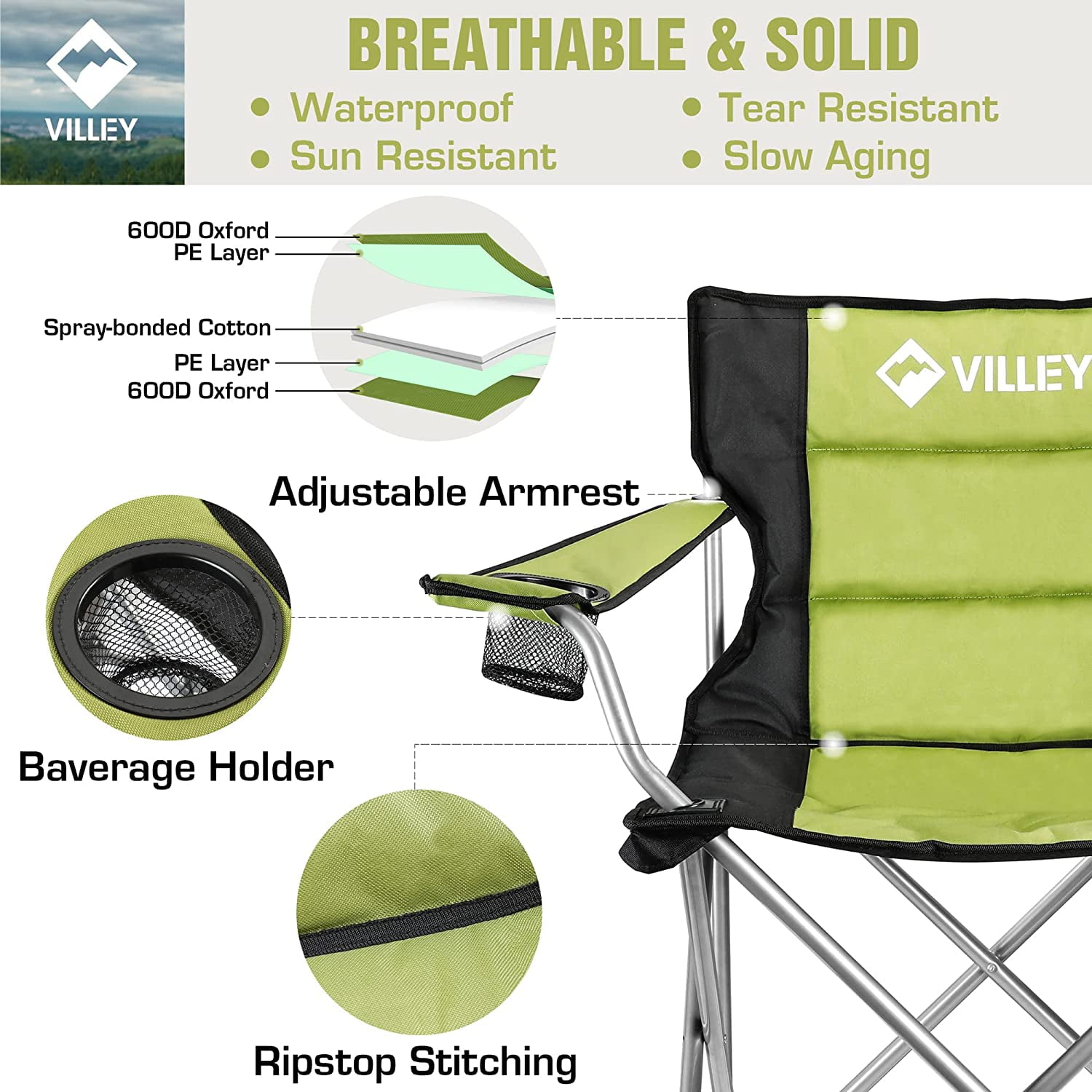 VILLEY Camping Chairs, Padded Folding Chair, Outdoor Portable High Camp Chair for Adult, Foldable Outside Arm Chair with Cup Holder & Carry Bag, Green - Image 5