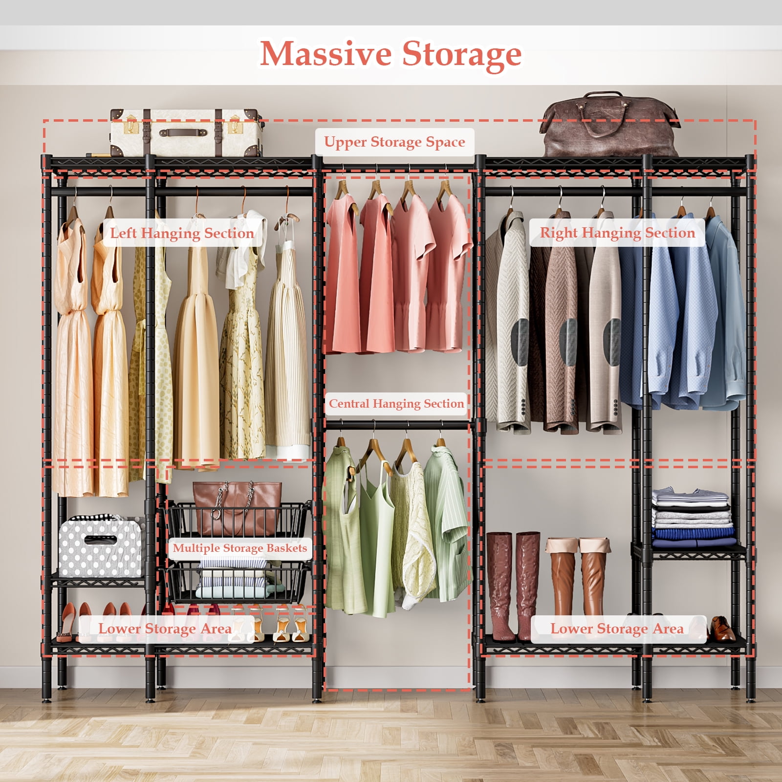 Untyo Clothes Rack Heavy Duty, Metal Clothing Racks for Hanging Clothes, Garment Rack with 4 Hang Rods & 6 Shelves & 2 Pull-Out Storage Baskets, Adjustable Closet Rack - Image 4