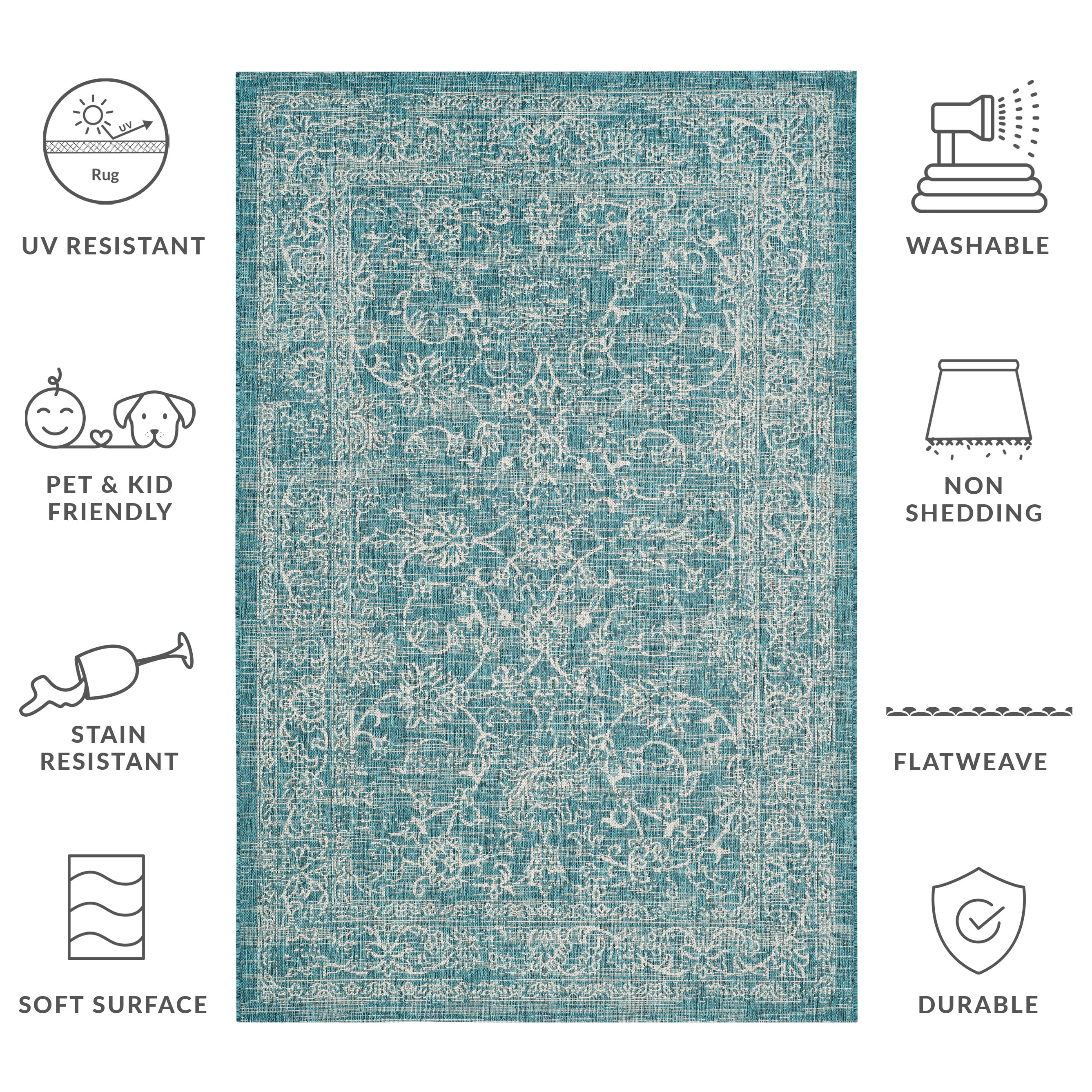 SAFAVIEH Courtyard Darin Botanical Indoor/Outdoor Area Rug, Turquoise, 6'7" x 9'6" - Image 2