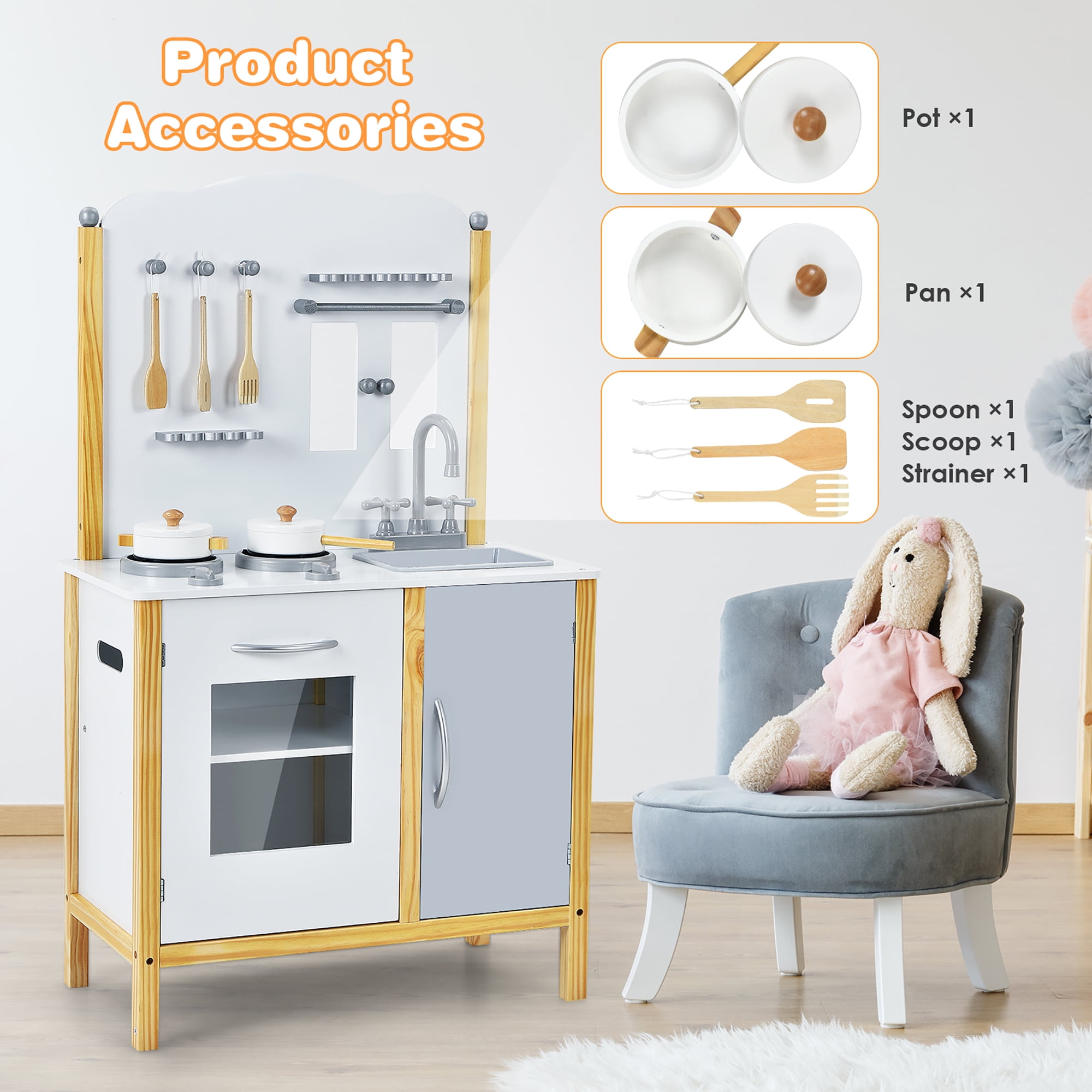 Costway Kids Play Kitchen Set Toddler Pretend Cooking Set w/ Cabinet&Accessories - Image 10