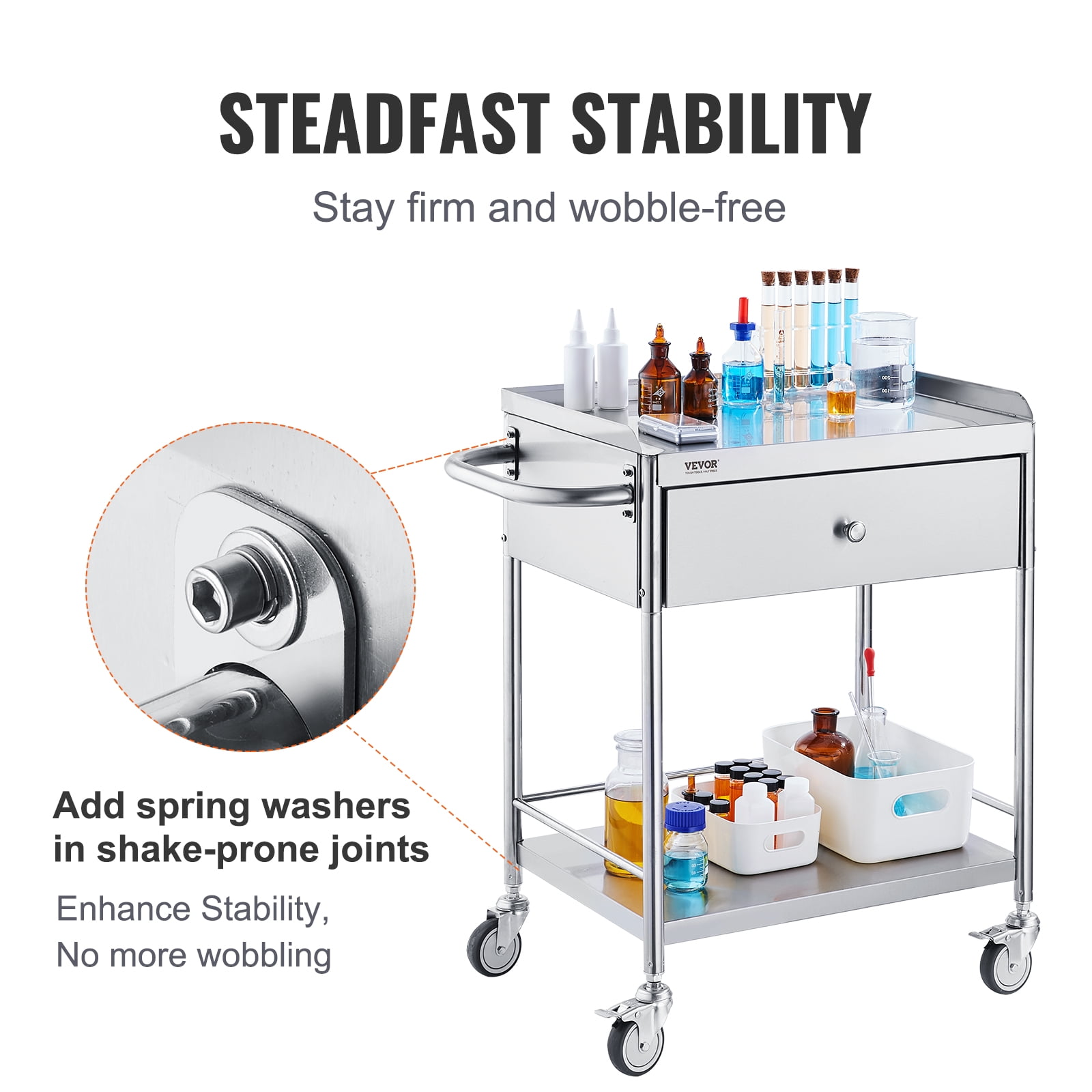 VEVOR 2-Tier Lab Cart Stainless Steel Cart Utility Rolling Cart Mobile Lab Utility Cart with A Drawer & 3 Shelves 220 lbs Catering Dental Utility Cart Dolly Restaurant 28.0'' x 16.6'' x 30.9'' - Image 7