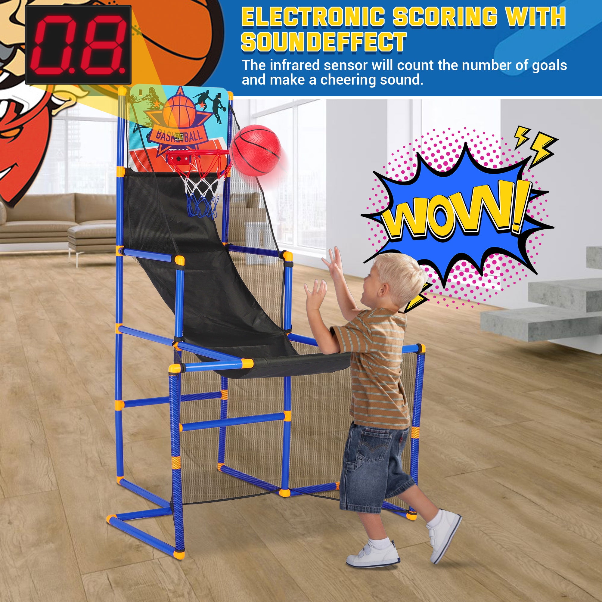 3 in-1 Kids Arcade Basketball Game & Hockey & Soccer, With 4 Basketball Balls, Football, Hockey, Hockey Stick, Pump, Electronic Scoreboard Sound for Toddlers, Basketball Goal for Kids Boys Girls - Image 9