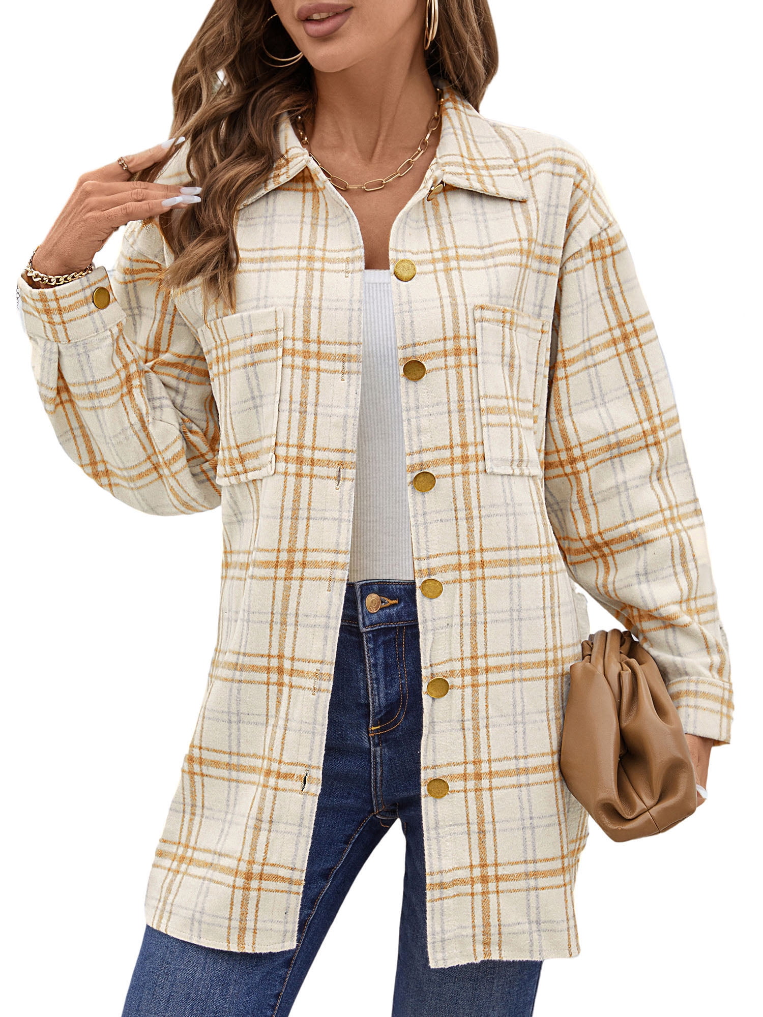 UVN Flannel Plaid Shirts for Women Shacket Jacket Long Sleeve Button Down Shirt Coats Top - Image 4