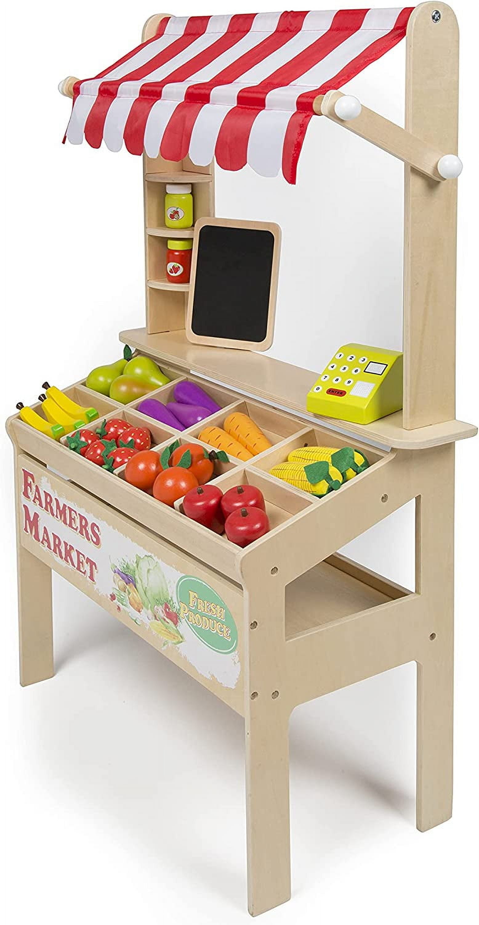 Wooden Farmers Market Stand - Kid's Playroom Furniture, Grocery Stand for Pretend Play (30+ Pieces) - Includes Fruit, Veggies, Chalkboard, and Cash Register, Fun Indoor Activity Set, Natural Wood - Image 5
