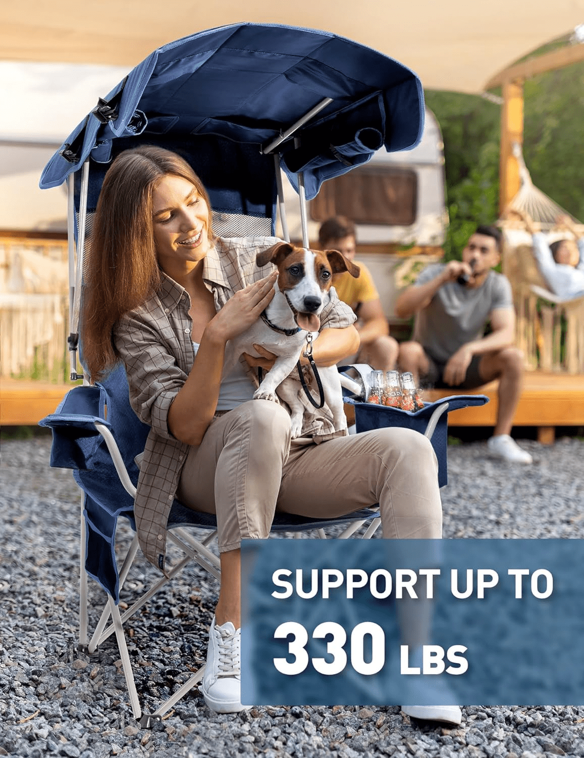 Camping Chairs with Cooler Pouch, Foldable Beach Chair with Canopy Shade for Camping, Sports, Beach, Fishing, Lying, Hiking, Cup Holder & Side Pocket, Support 330 LBS - Blue - Image 7